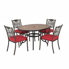Mondawe - 5 Piece Outdoor Patio Dining Set with Round Umbrella Hole Table and Cast Aluminum Chairs with Cushions - Bronze+White