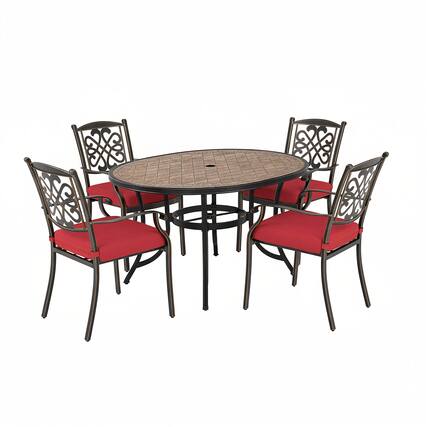 Front. Mondawe - 5 Piece Outdoor Patio Dining Set with Round Umbrella Hole Table and Cast Aluminum Chairs with Cushions - Bronze+White.
