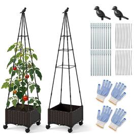 Costway - 2 PCS Raised Garden Bed with Plant Box & Obelisk Trellis Lockable Wheels Cage Planter - Brown