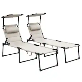 Outsunny - Pcs Outdoor Lounge Chair, 4 Position Adjustable Backrest, Folding, Cushioned w/ Sun Shade Roof & Pillow - Cream White