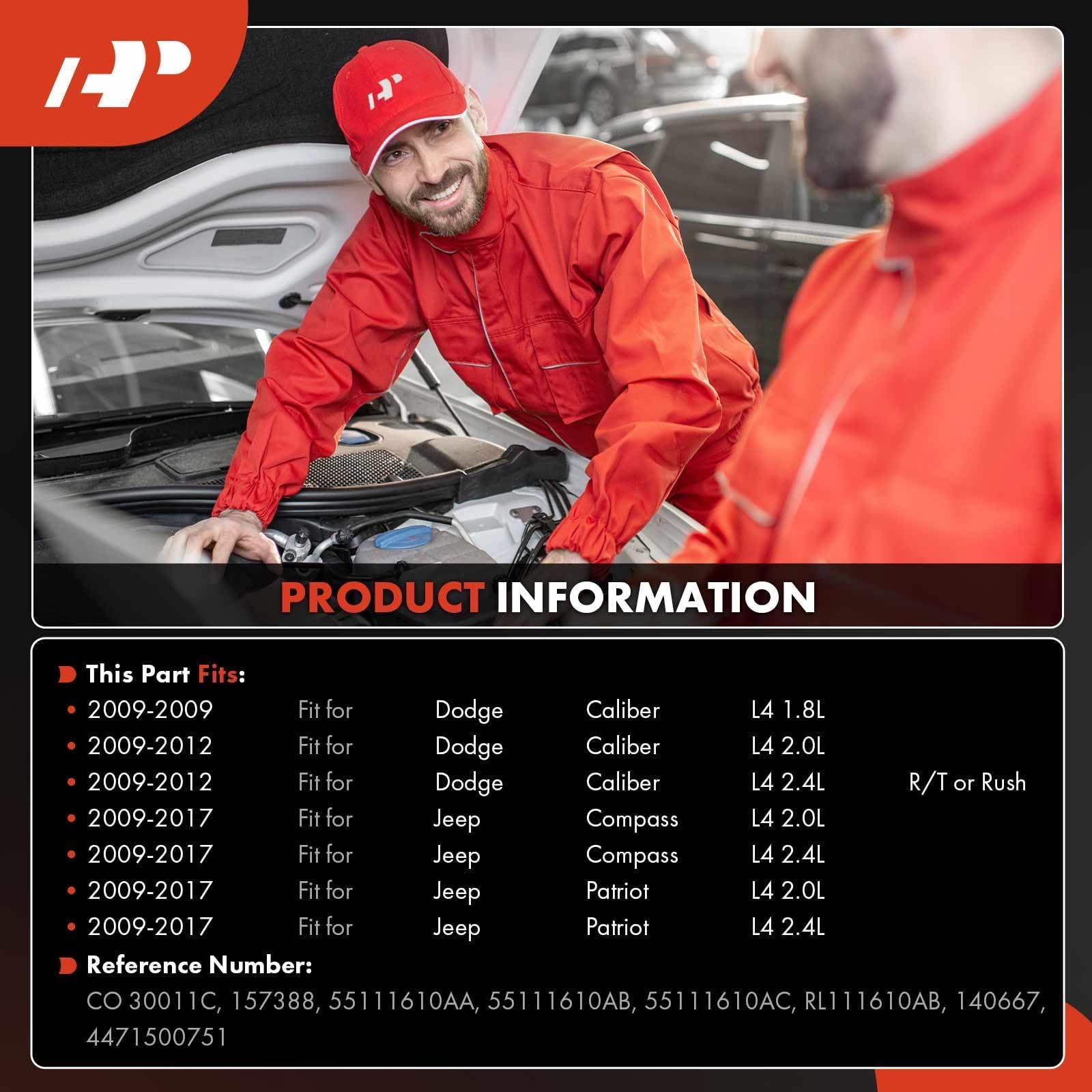 **PRODUCT INFORMATION**

**This Part Fits:**

- 2009-2009  
  Fit for Dodge Caliber L4 1.8L

- 2009-2012  
  Fit for Dodge Caliber L4 2.0L

- 2009-2012  
  Fit for Dodge Caliber L4 2.4L

- 2009-2017  
  Fit for Jeep Compass L4 2.0L

- 2009-2017  
  Fit for Jeep Compass L4 2.4L

- 2009-2017  
  Fit for Jeep Patriot L4 2.0L

- 2009-2017  
  Fit for Jeep Patriot L4 2.4L

**Reference Number:**

- CO 30011C, 157388, 55111610AA, 55111610AB, 55111610AC, RL111610AB, 14