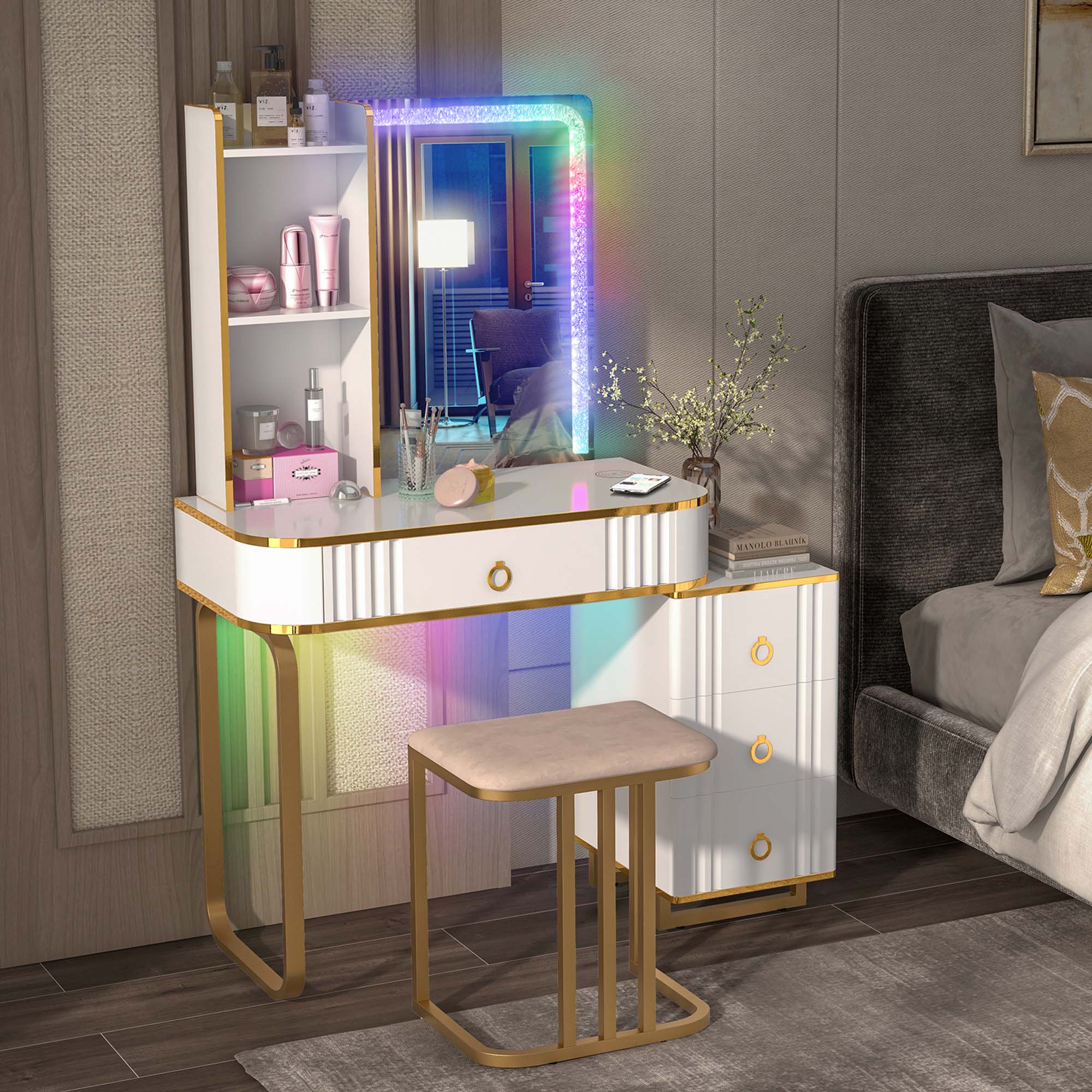 Alt View 7. Costway - Costway Vanity Table Set with RGB LED Lights Crystal Crush Diamond Mirror Drawers - White.