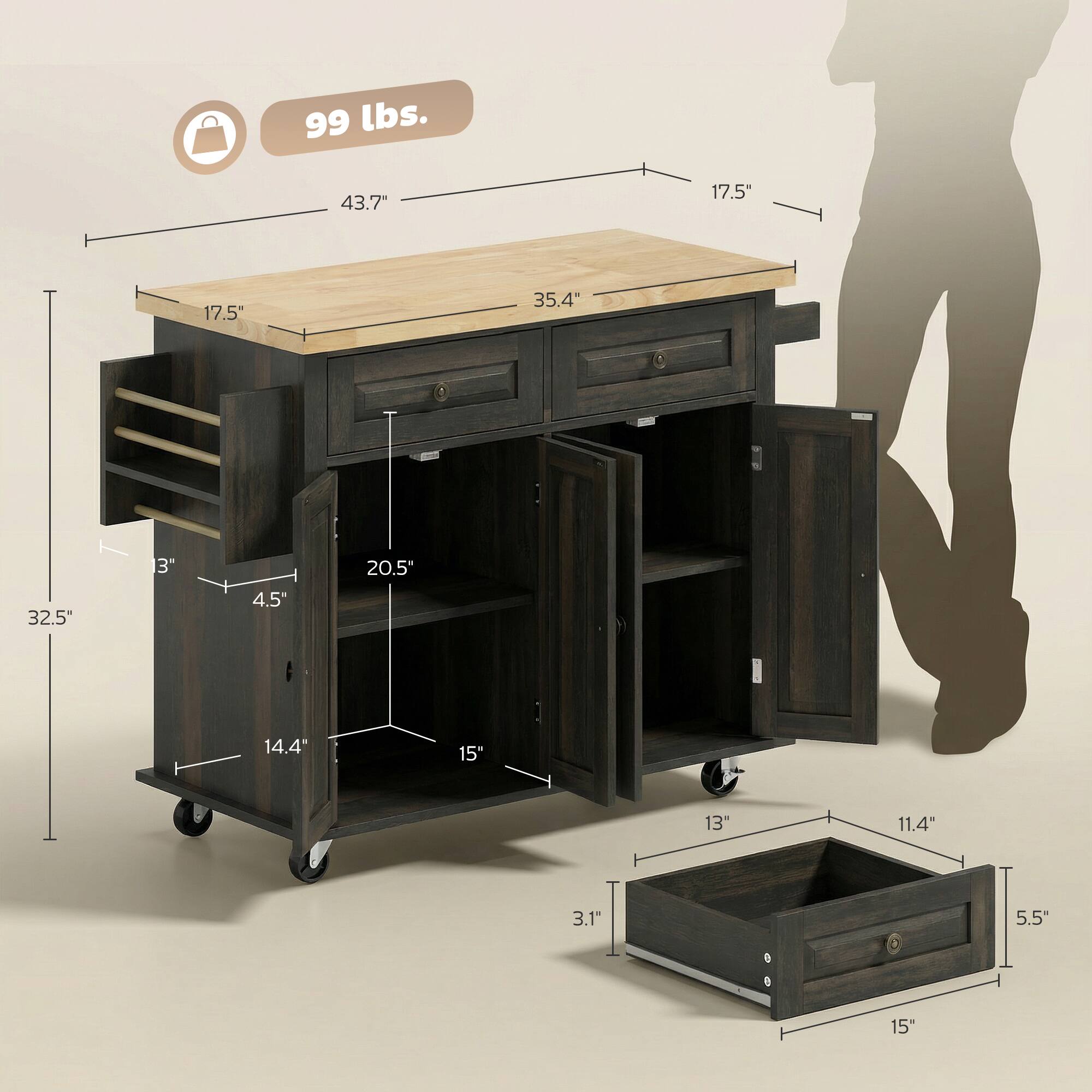 99 lbs.  
43.7"  
17.5"  
17.5"  
35.4"  
32.5"  
3"  
4.5"  
20.5"  
14.4"  
15"  
13"  
11.4"  
3.1"  
5.5"  
15"