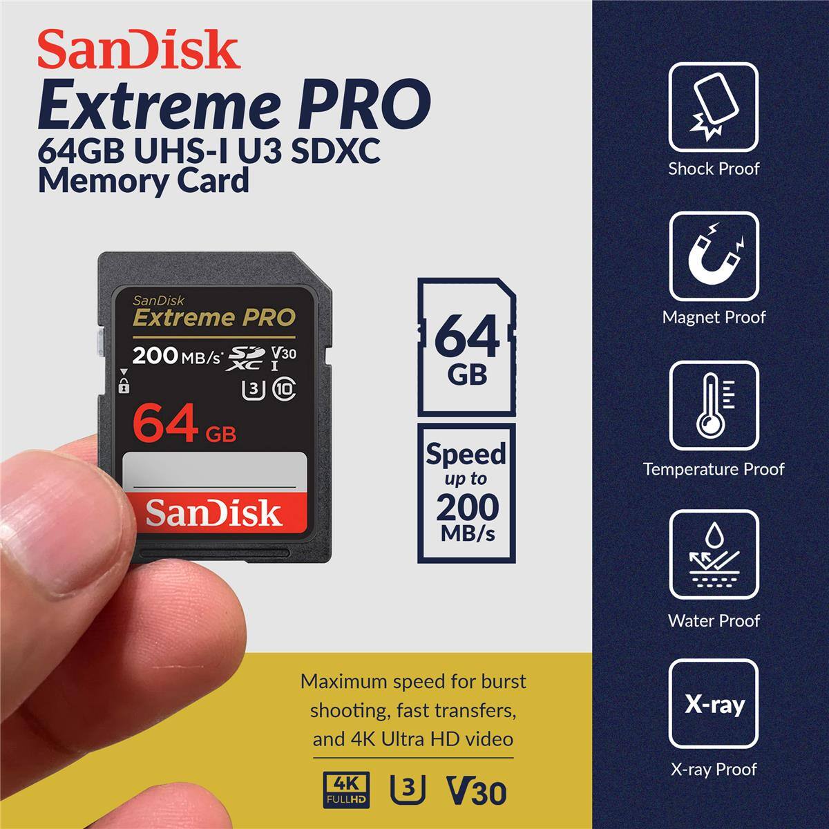 SanDisk Extreme PRO 64GB UHS-I U3 SDXC Memory Card

- Shock Proof
- Magnet Proof
- Temperature Proof
- Water Proof
- X-ray Proof

200 MB/s

Maximum speed for burst shooting, fast transfers, and 4K Ultra HD video

4K FULLHD V30