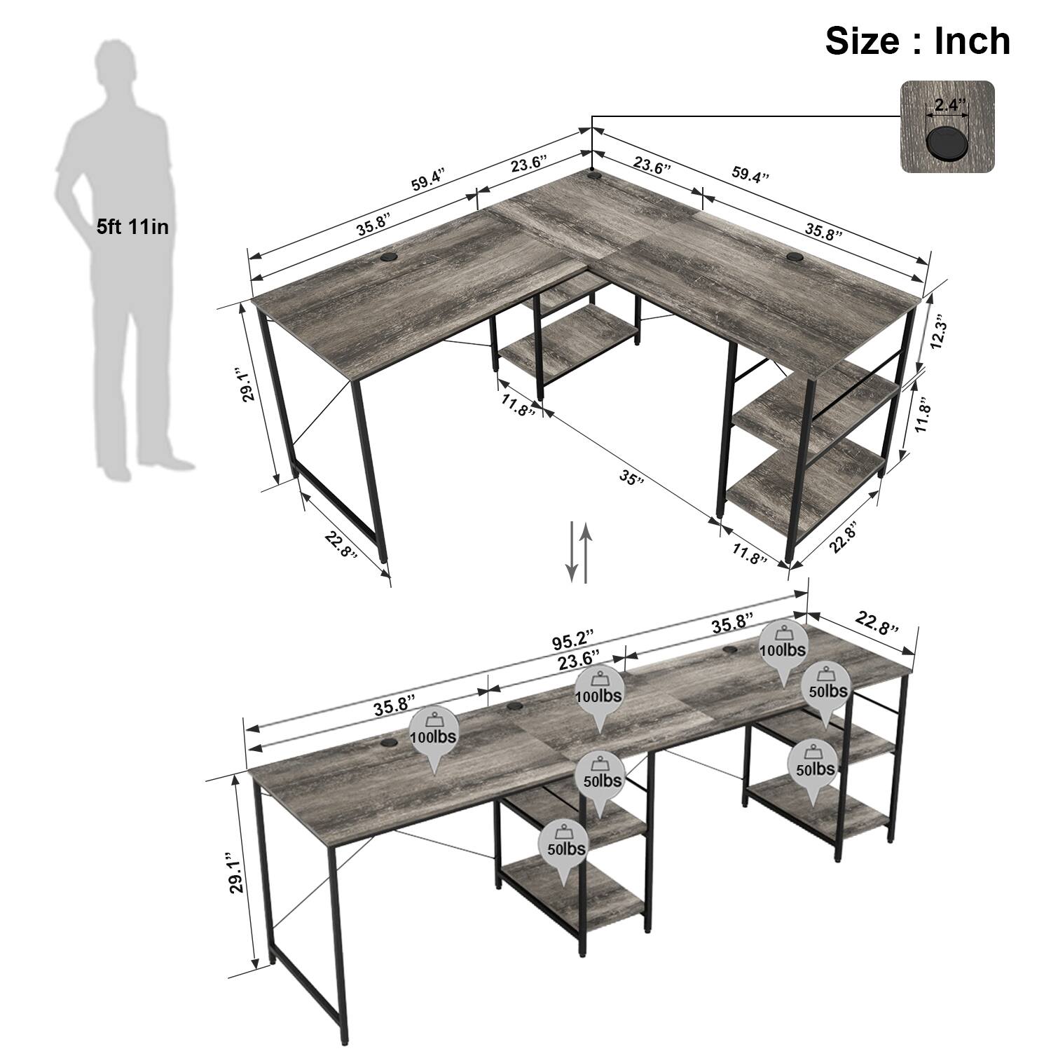 The text on the image is grouped and corrected as follows:

* Size: 2.4" 5ft 11in 59.4" 35.8" 23.6" 23.6" 59.4" 35.8" 29.1" 22.8" 11.8" 35" 11.8" 22.8" 12.3" 11.8" 35.8" 100lbs 95.2" 23.6" 100lbs 35.8" 22.8" 100lbs 50lbs 50lbs 50lbs 29.1" 50lbs

This text provides the dimensions and weight information for the desk.