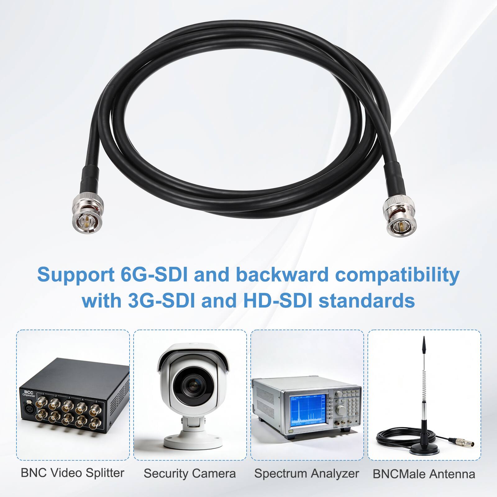 Support 6G-SDI and backward compatibility with 3G-SDI and HD-SDI standards

- BNC Video Splitter
- Security Camera
- Spectrum Analyzer
- BNC Male Antenna