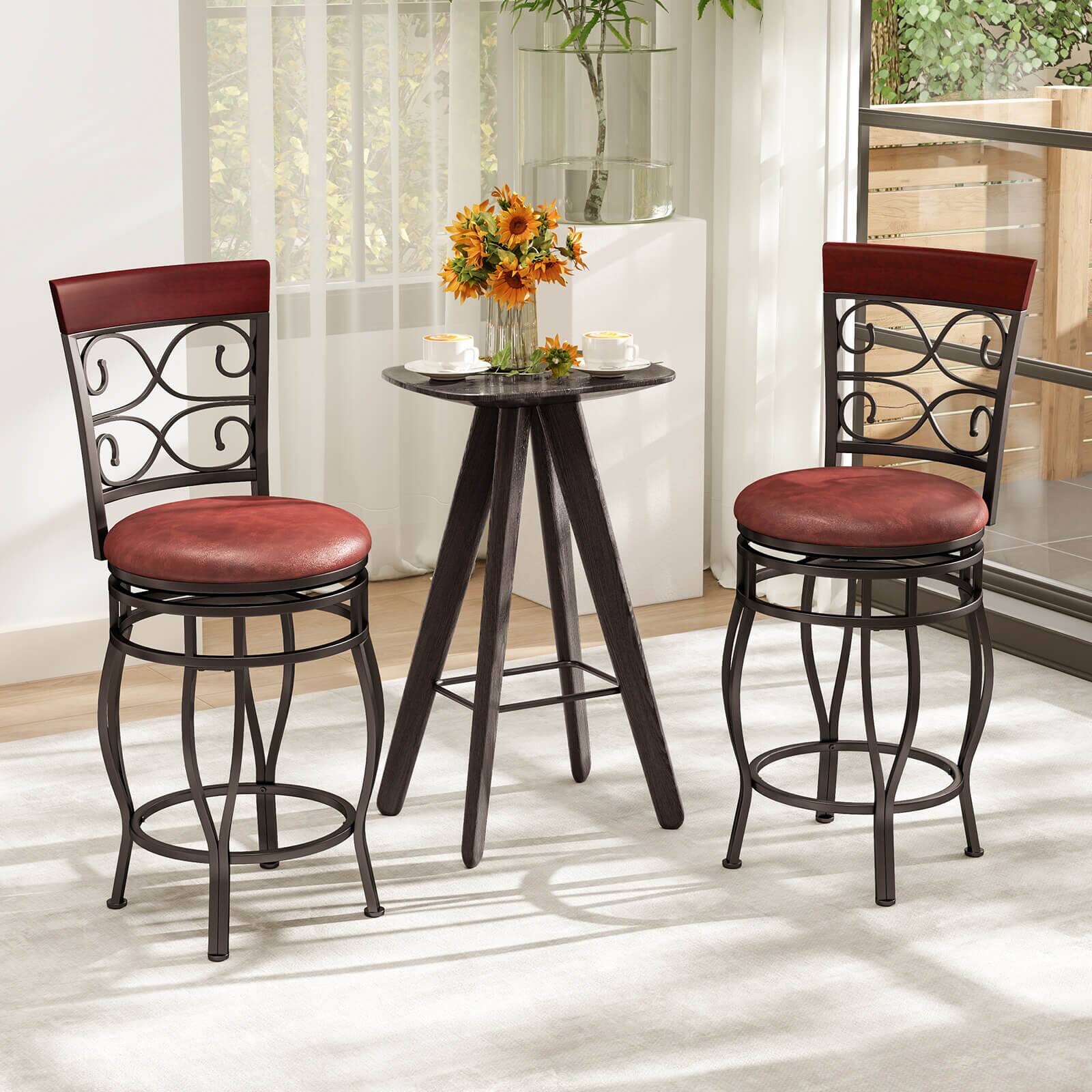 Angle. Costway - Costway 26" Swivel Bar Stools Set of 2 with Upholstered Seat Scroll Backrest Footrest Brown - Brown.