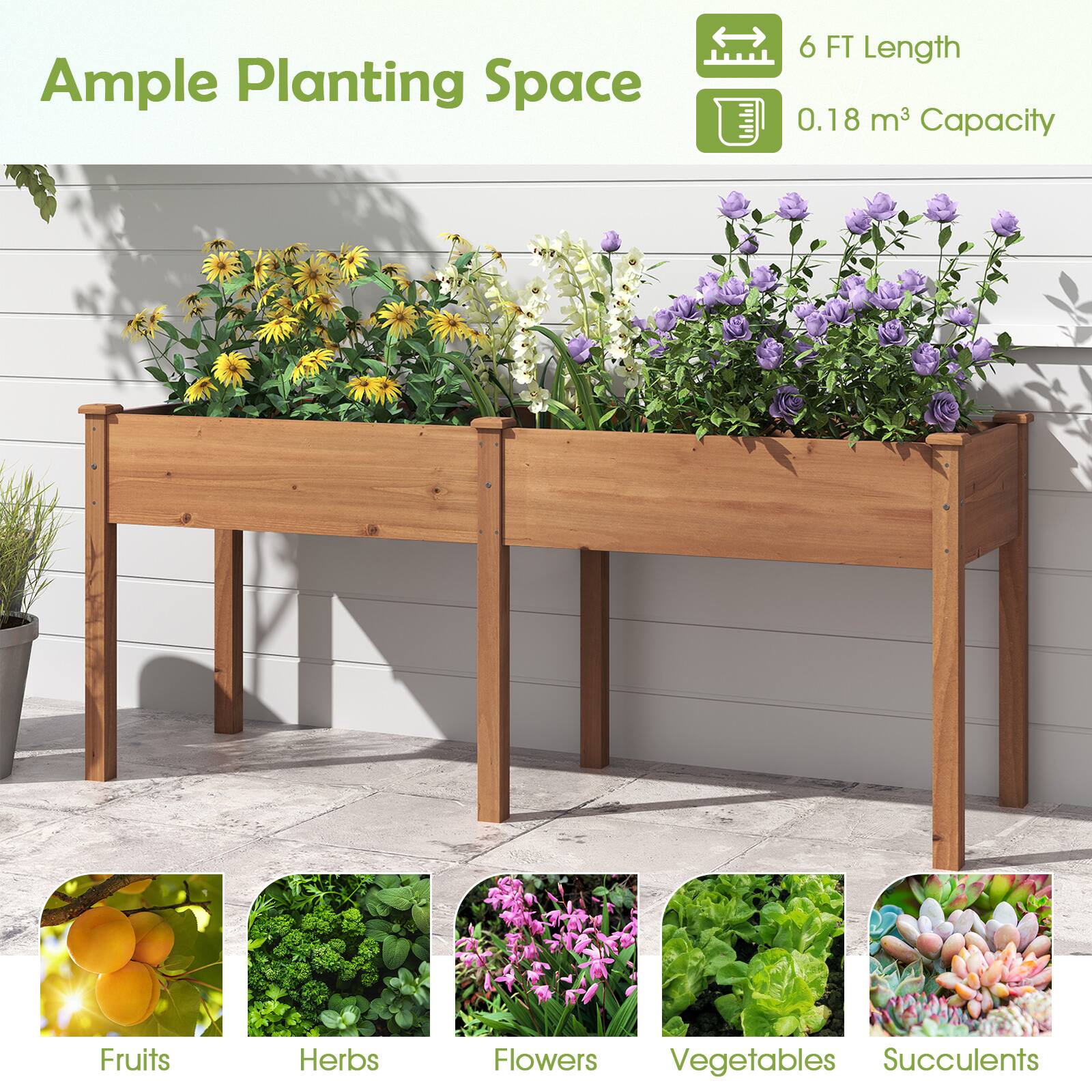Ample Planting Space  
6 FT Length  
0.18 m³ Capacity  
Fruits  
Herbs  
Flowers  
Vegetables  
Succulents