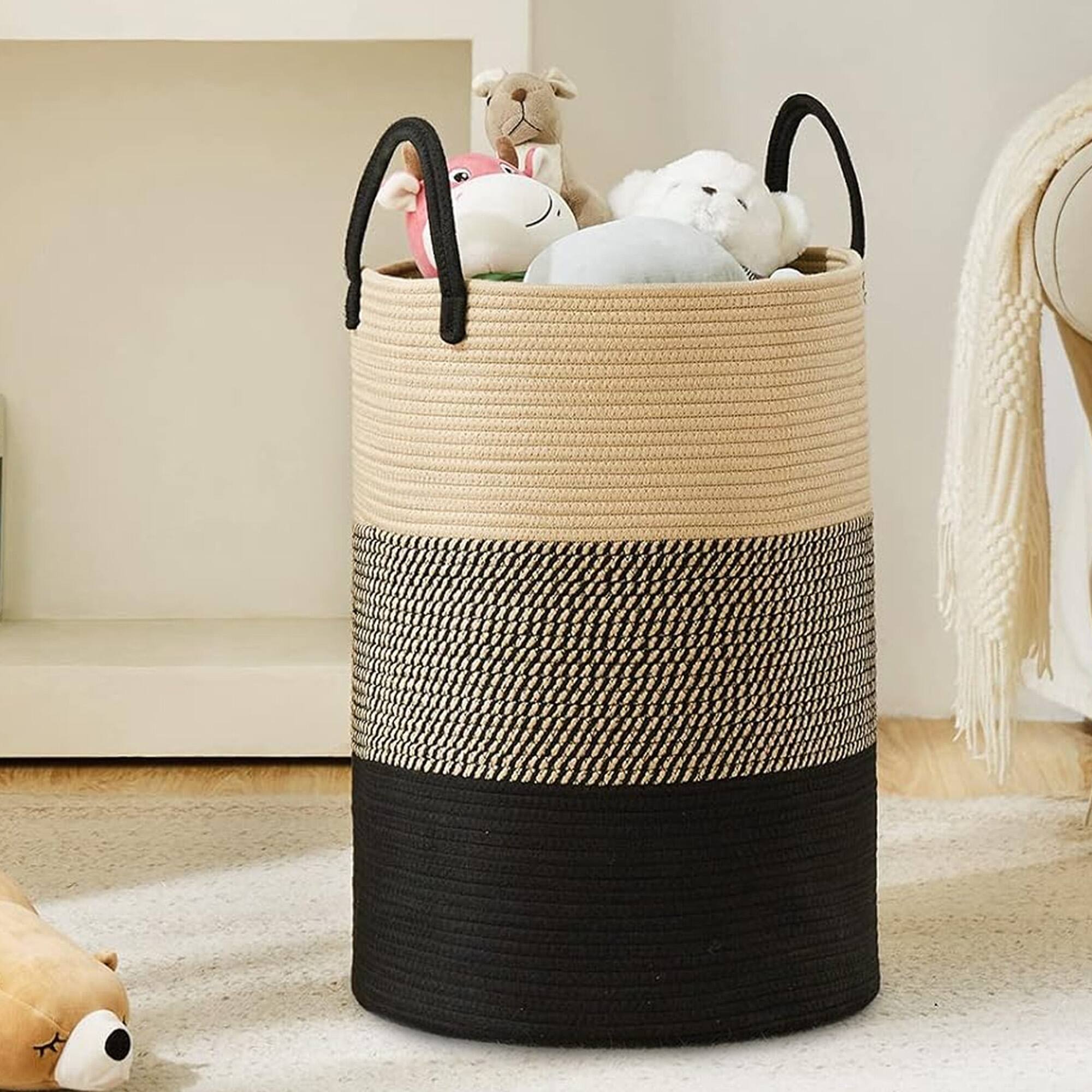 Alt View 1. Cheer Collection - Woven Cotton Rope Laundry Hamper – Large 16 x 16 x 22 in Storage Basket with Reinforced Handles - 3 Tone Black/Gray/Tan - Black Gray Tan.