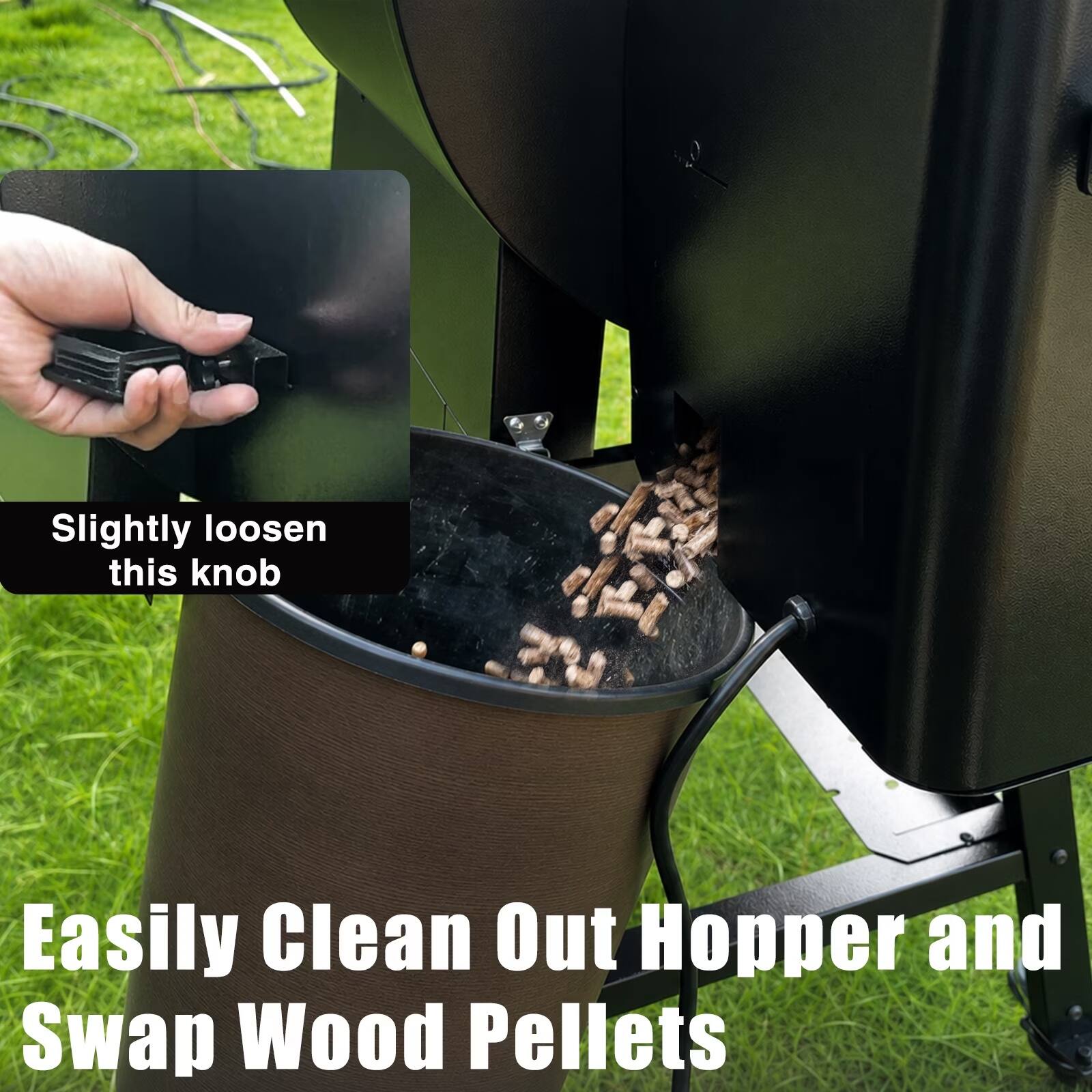 Slightly loosen this knob

Easily Clean Out Hopper and Swap Wood Pellets