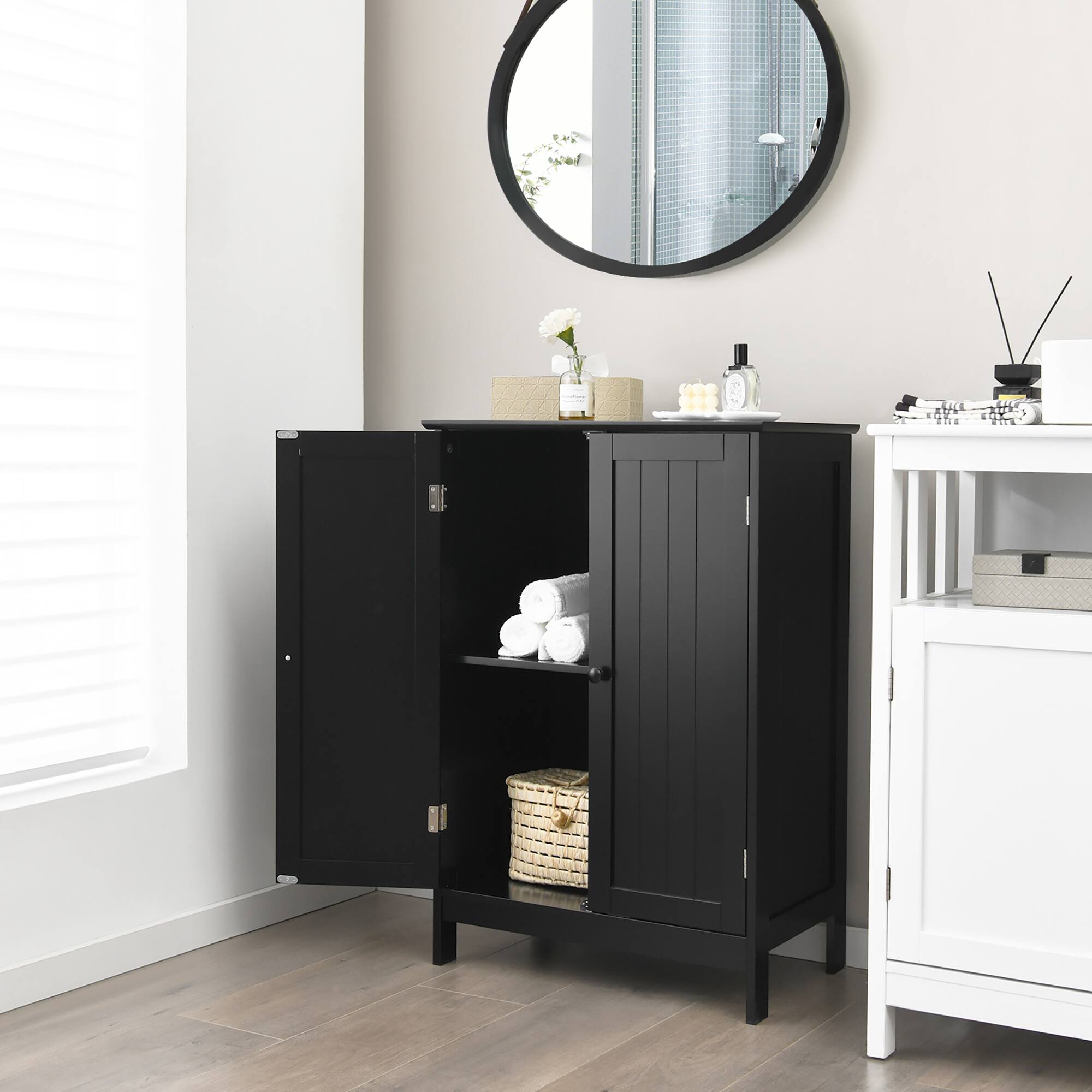 Alt View 3. Gymax - Gymax Bathroom Floor Storage Cabinet Double Door Kitchen Cupboard Shoe Cabinet Black - Black.