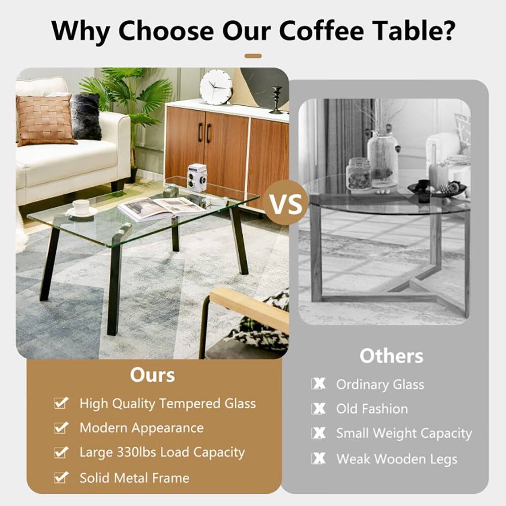 Why Choose Our Coffee Table?

Ours
- High Quality Tempered Glass
- Modern Appearance
- Large 330lbs Load Capacity
- Solid Metal Frame

Others
- Ordinary Glass
- Old Fashion
- Small Weight Capacity
- Weak Wooden Legs