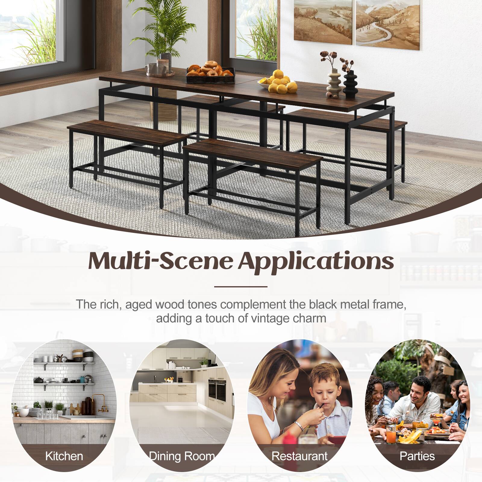 Multi-Scene Applications: The rich, aged wood tones complement the black metal frame, adding a touch of vintage charm. The image features a kitchen, dining room, restaurant, and parties setting, showcasing the versatility of the design.