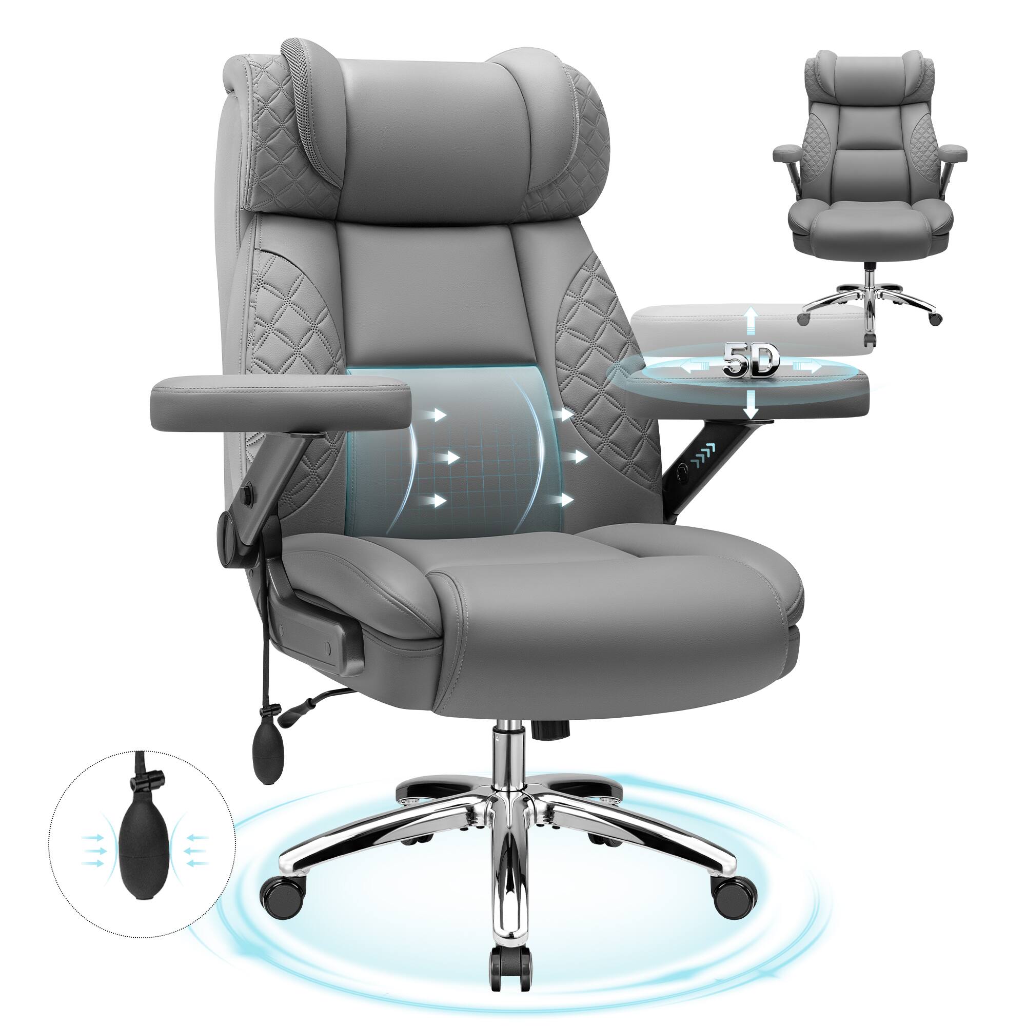 Angle. Brick Attic - 500lbs Big&Tall Executive Office Chair,High Back Ergonomic  Computer Chair with Adjustable Lumbar Support &5D Flip Arms - Grey.