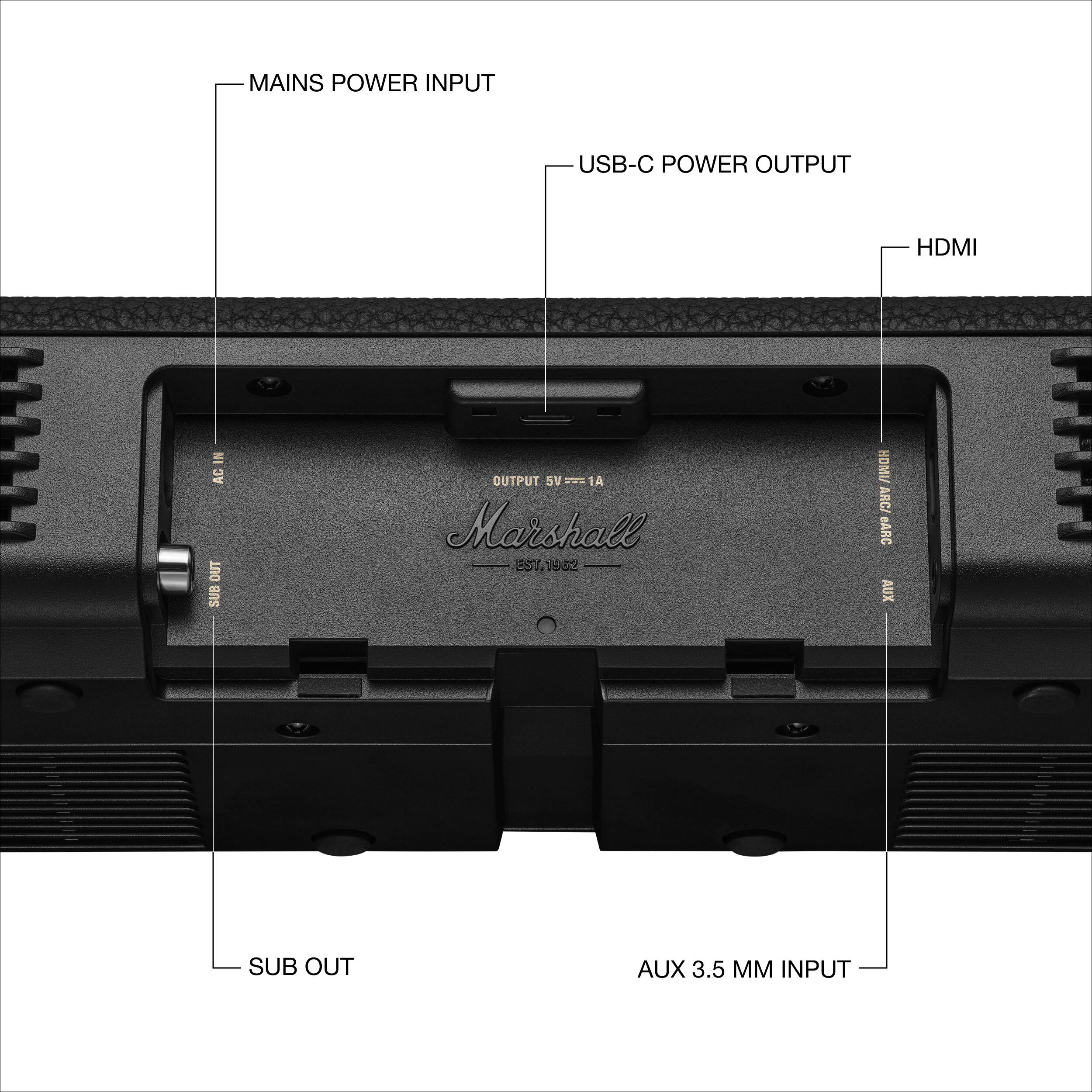 - MAINS POWER INPUT
- USB-C POWER OUTPUT
- HDMI
- SUB OUT
- AUX 3.5 MM INPUT

OUTPUT 5V = 1A

Marshall ESY 1952 S HOMI ARC/ ARC AUX HDMI I SUB OUT AUX 3.5 INPUT