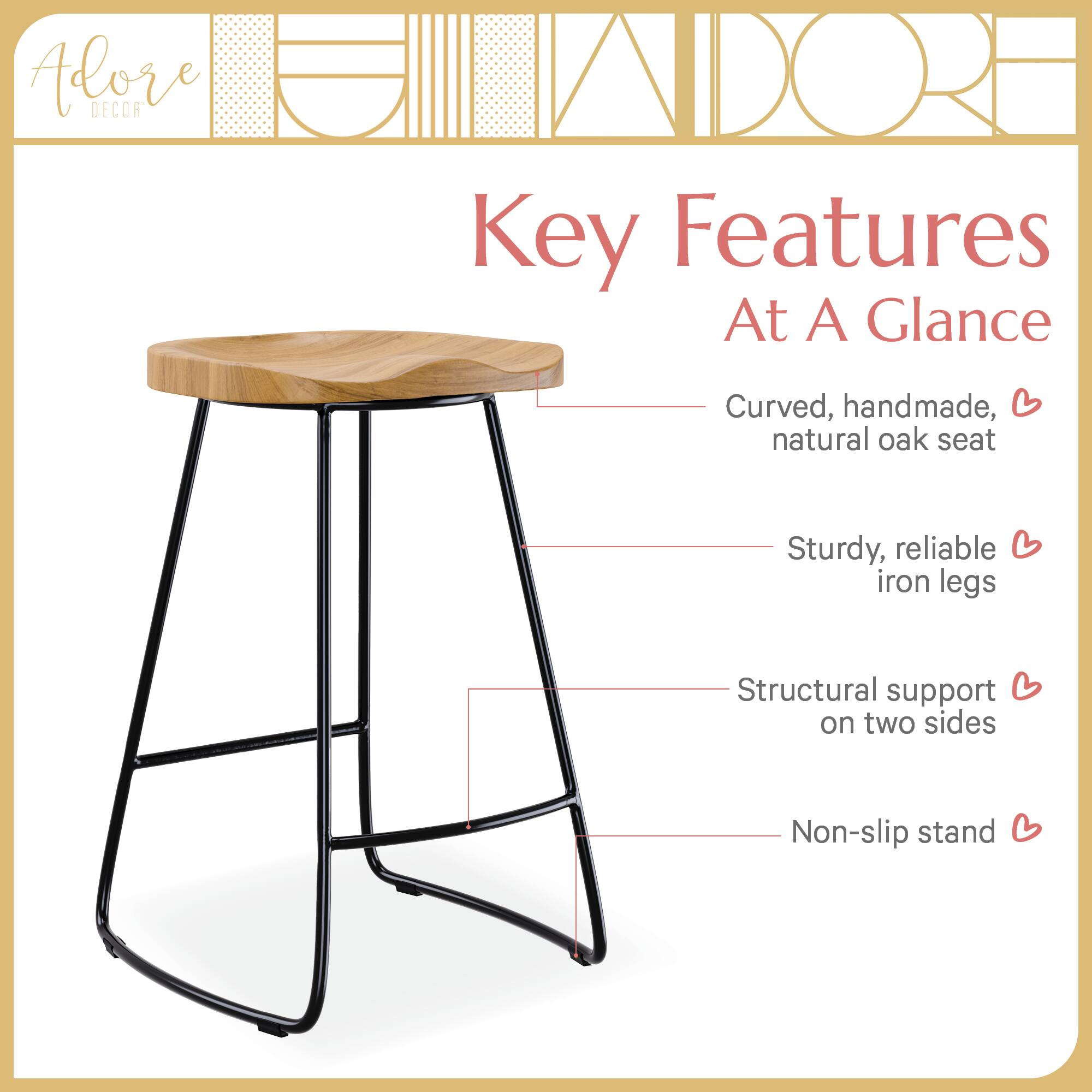 Adore DECOR Key Features At A Glance  
- Curved, handmade, natural oak seat  
- Sturdy, reliable iron legs  
- Structural support on two sides  
- Non-slip stand