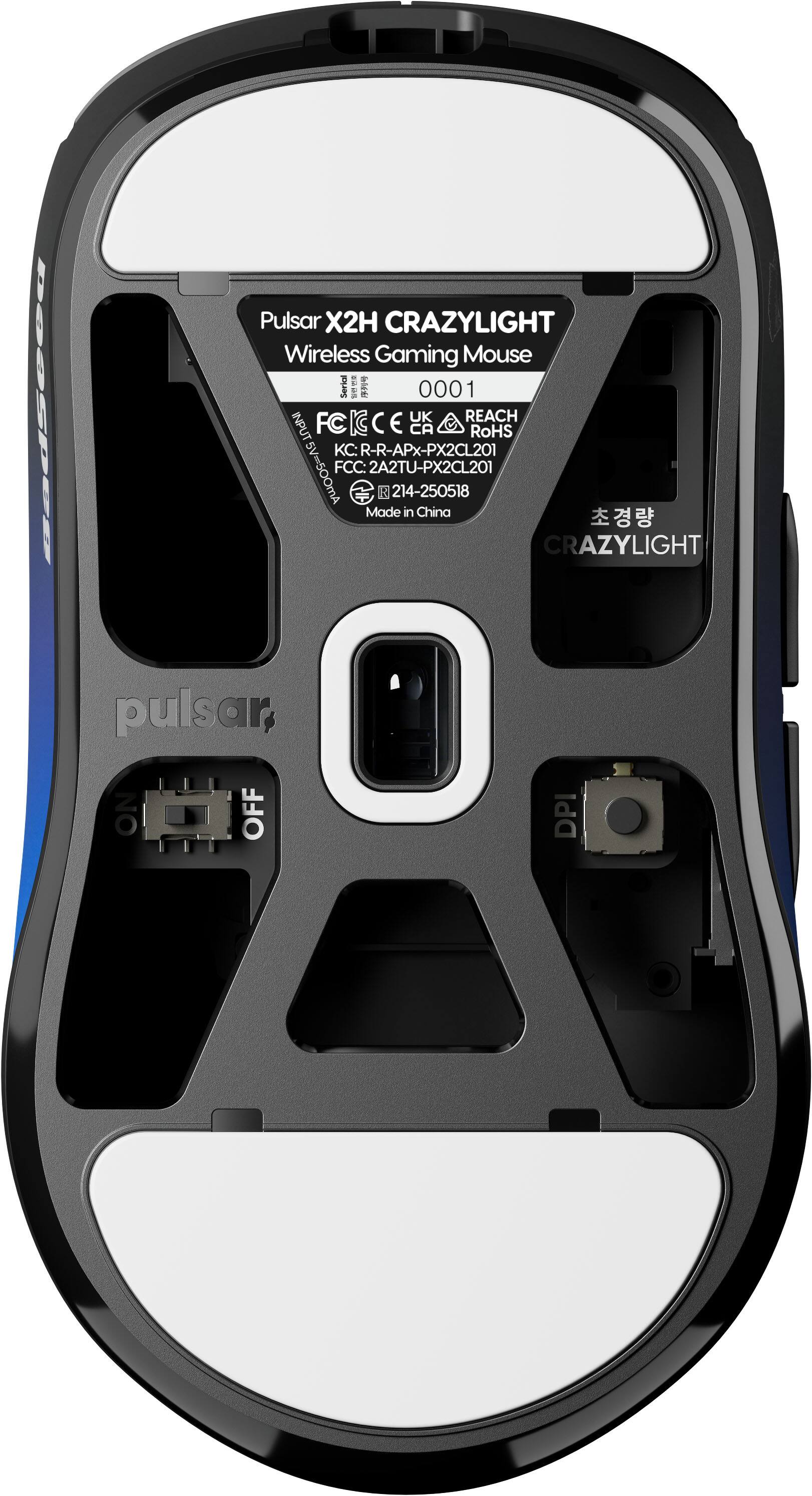 Pulsar X2H CRAZYLIGHT Wireless Gaming Mouse  
Serial: 0001  
UK REACH  
FC IC C E CA RoHS  
KC: R-R-APX-PX2CL201  
5V=500mA  
FCC: 2A2TU-PX2CL201  
R 214-250518  
Made in China  

CRAZYLIGHT pulsar  
NO OFF DPI