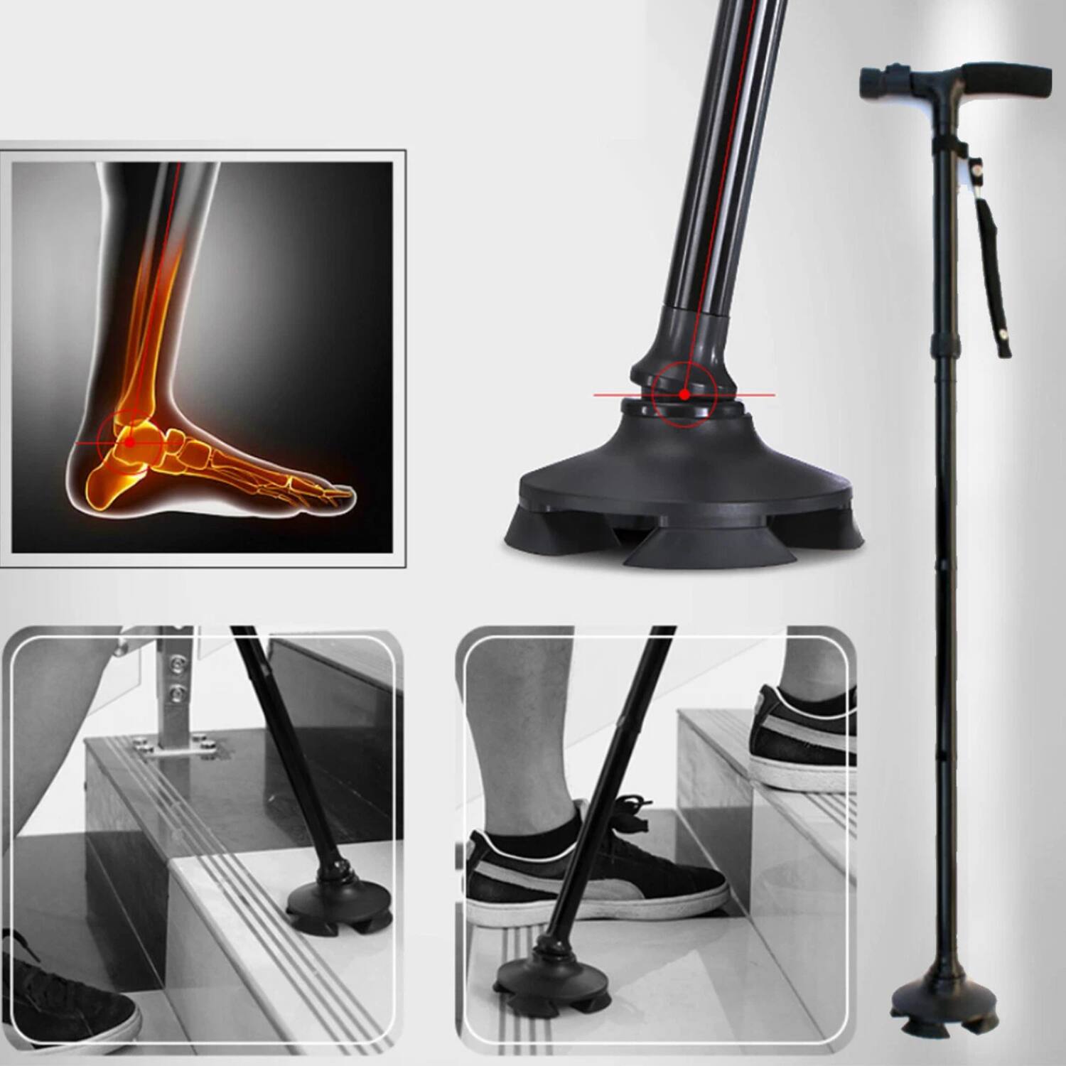 Back. Stock Preferred - Foldable and Adjustable LED Light Walking Cane - Black.