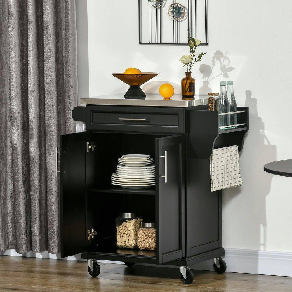 Left. Kadyn - Rolling Kitchen Island with Stainless Top, Drawer, Towel & Spice Rack, Black - Black.