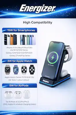 Energizer - 3-in-1 15W Qi Certified Wireless Fast 15W Charger Charging Station/Stand w/ RGB Light for iPhone + AirPods + Apple Watch - Black