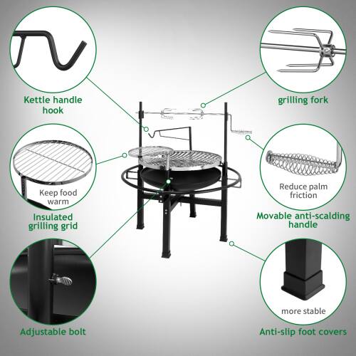 Kettle handle hook  
grilling fork  
Keep food warm  
Insulated grilling grid  
Reduce palm friction  
Movable anti-scalding handle  
more stable  
Adjustable bolt  
Anti-slip foot covers