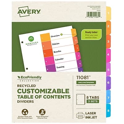 AVERY  
72782 55085  

EcoFriendly Collection  
RECYCLED CUSTOMIZABLE TABLE OF CONTENTS DIVIDERS  
8 TABS  
3 SETS  

Made 100% Recycled Paper  
Processed Chlorine Free  

LASER INKJET  

MORVANA WinELESS  
Overview Policies Benefits Calendar Training  

Ready Index  
Print your own section titles  

11081"  
avery.com/templates  
Our Free Online Template Tool  

1 2 3 4 5 6 7 8