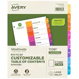 Avery - Ready Index Table of Contents EcoFriendly Paper Dividers, 1-8 Tabs, 3 Sets/Pack - Multicolor