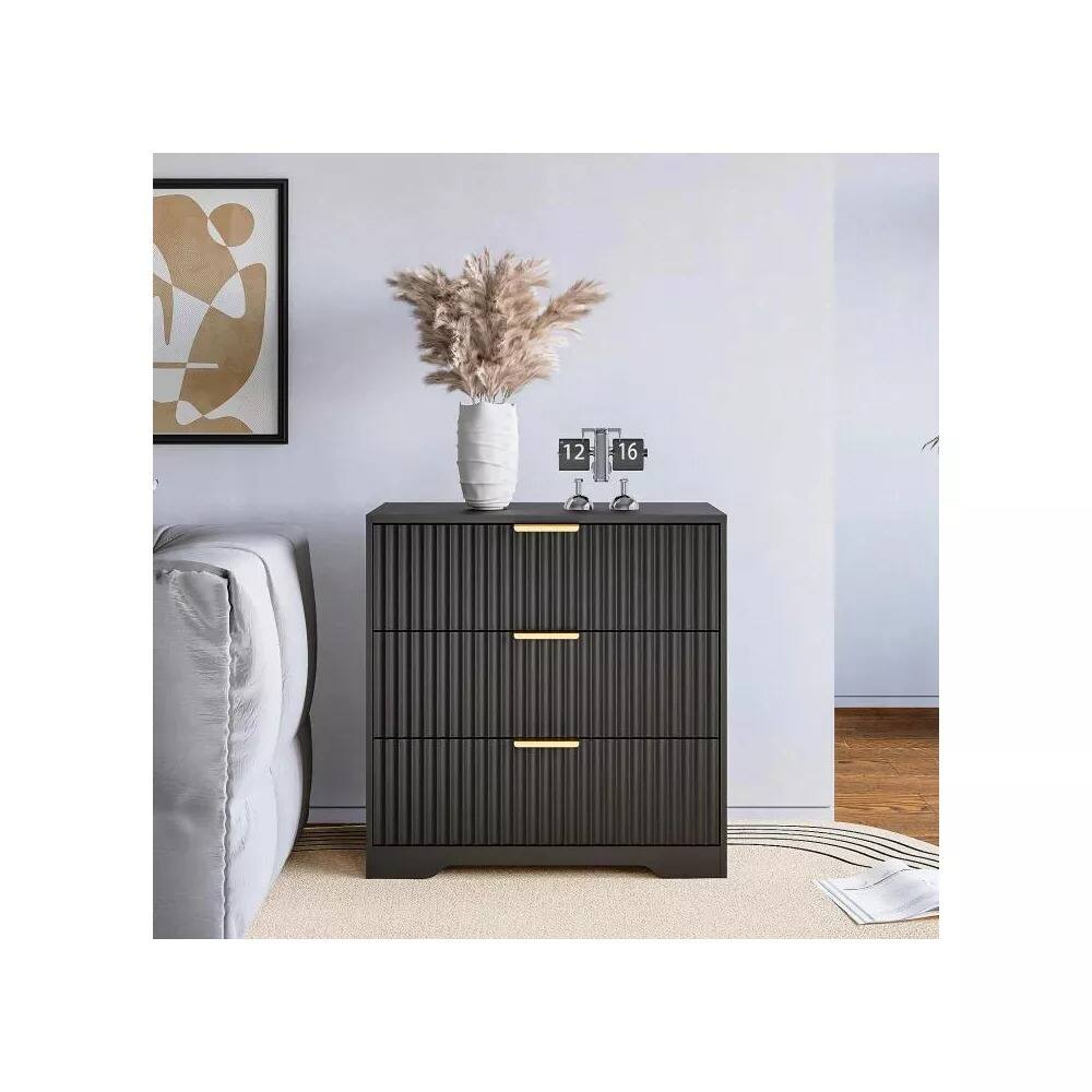 Alt View 5. Furnulem - 27 In 3 Drawer Nightstand Fluted Wood Bedside Table Modern Wide Chest Storage Cabinet For Bedroom - Black.