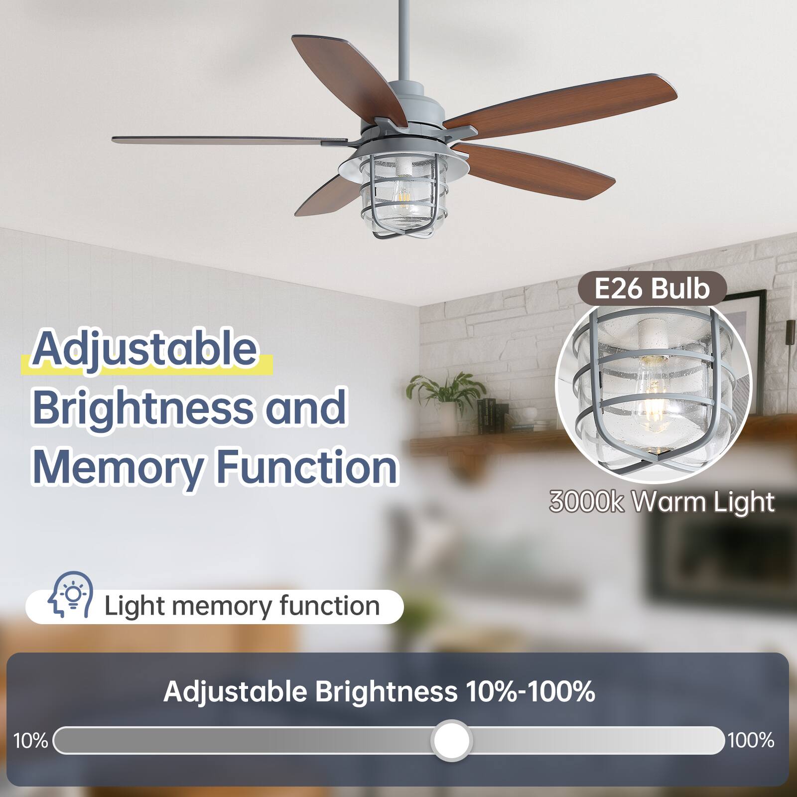 Adjustable Brightness and Memory Function

- E26 Bulb
- 3000k Warm Light

Light memory function

Adjustable Brightness 10%-100%