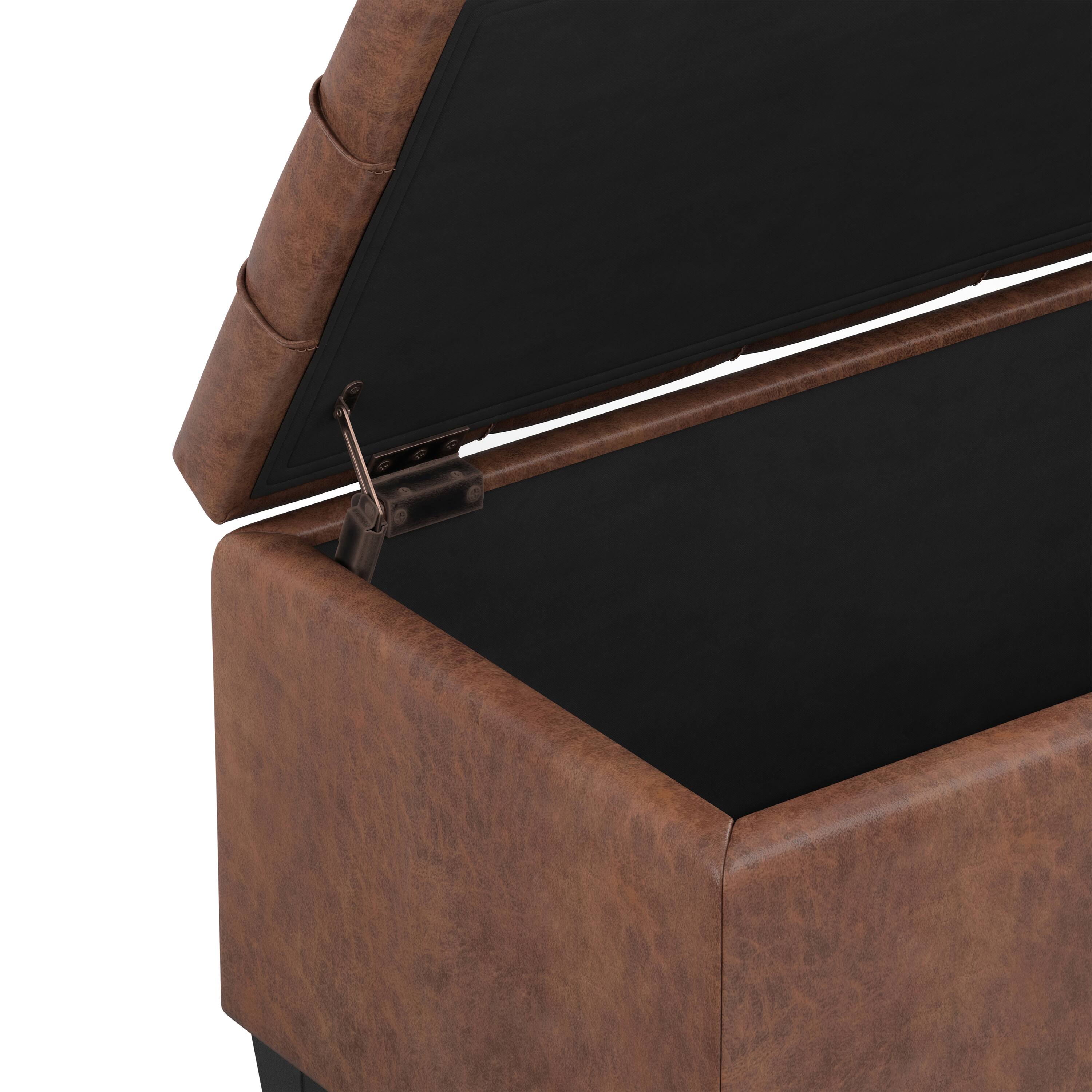 Alt View 6. Simpli Home - Sienna 33 inch Wide Storage Ottoman Bench in Distressed Saddle Brown Vegan Leather - Distressed Saddle Brown.