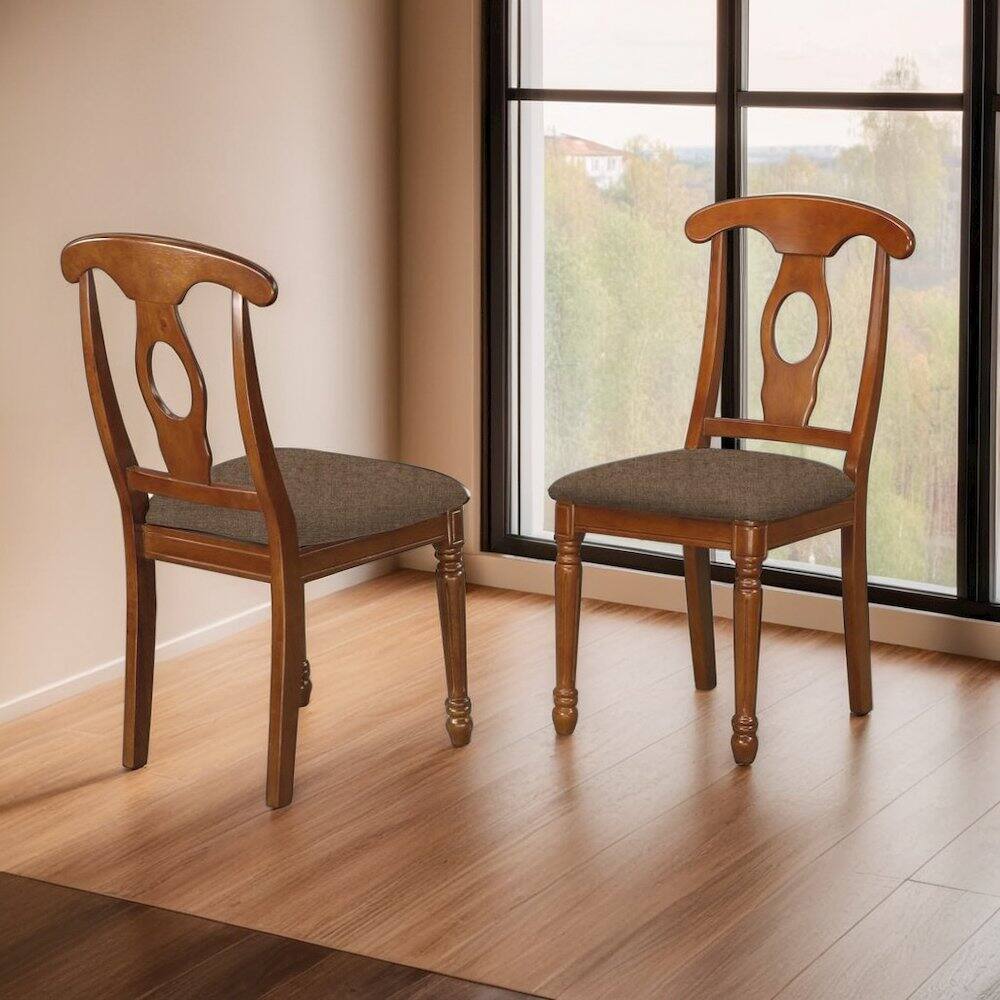 Left. FurniFact - Elegant Wooden Dining Chairs with Upholstered Seat – Set of Two - Saddle Brown.