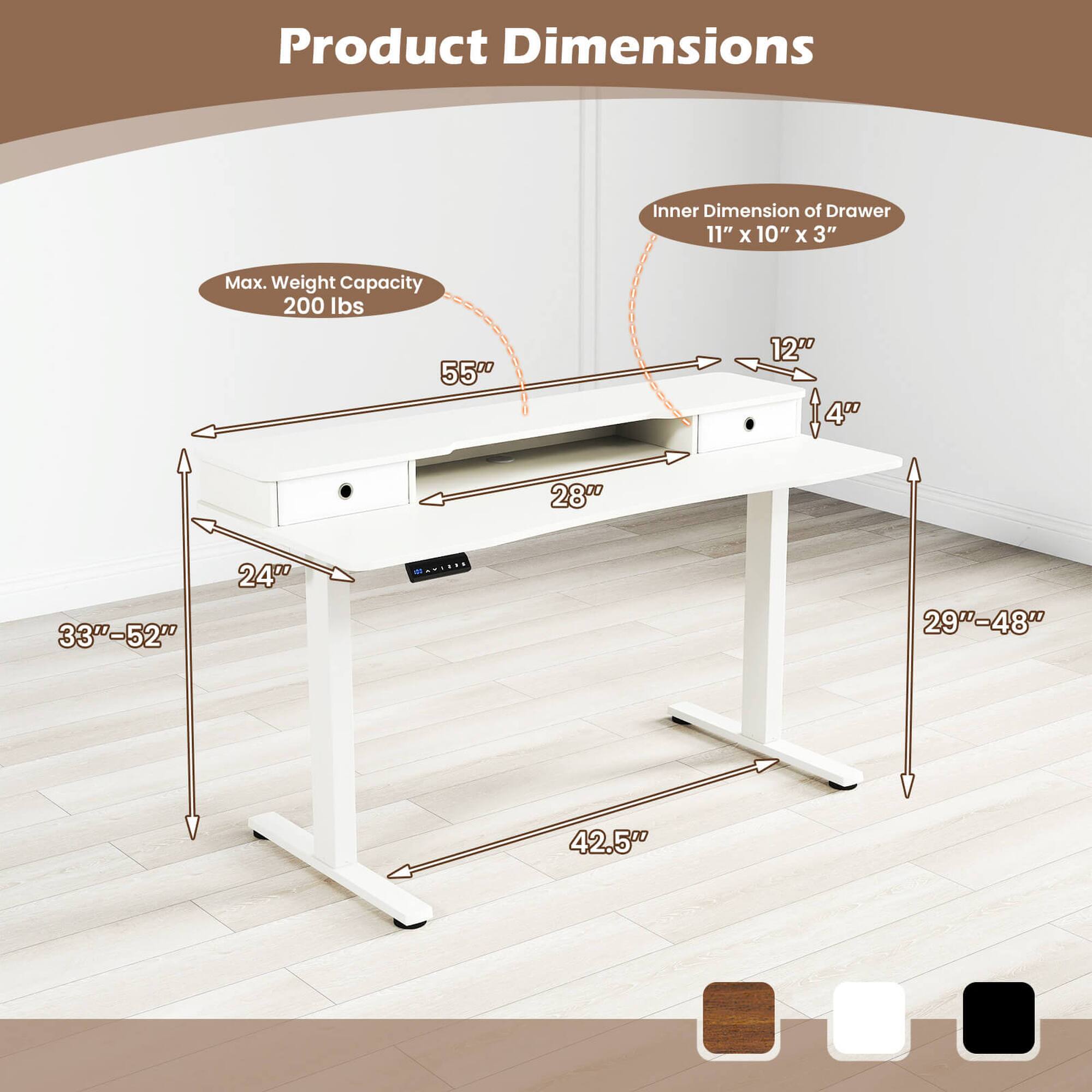 Product Dimensions

- Inner Dimension of Drawer: 11" x 10" x 3"
- Max. Weight Capacity: 200 lbs
- 55"
- 12"
- 4"
- 28"
- 24"
- 29"-48"
- 42.5"
- 33"-52"