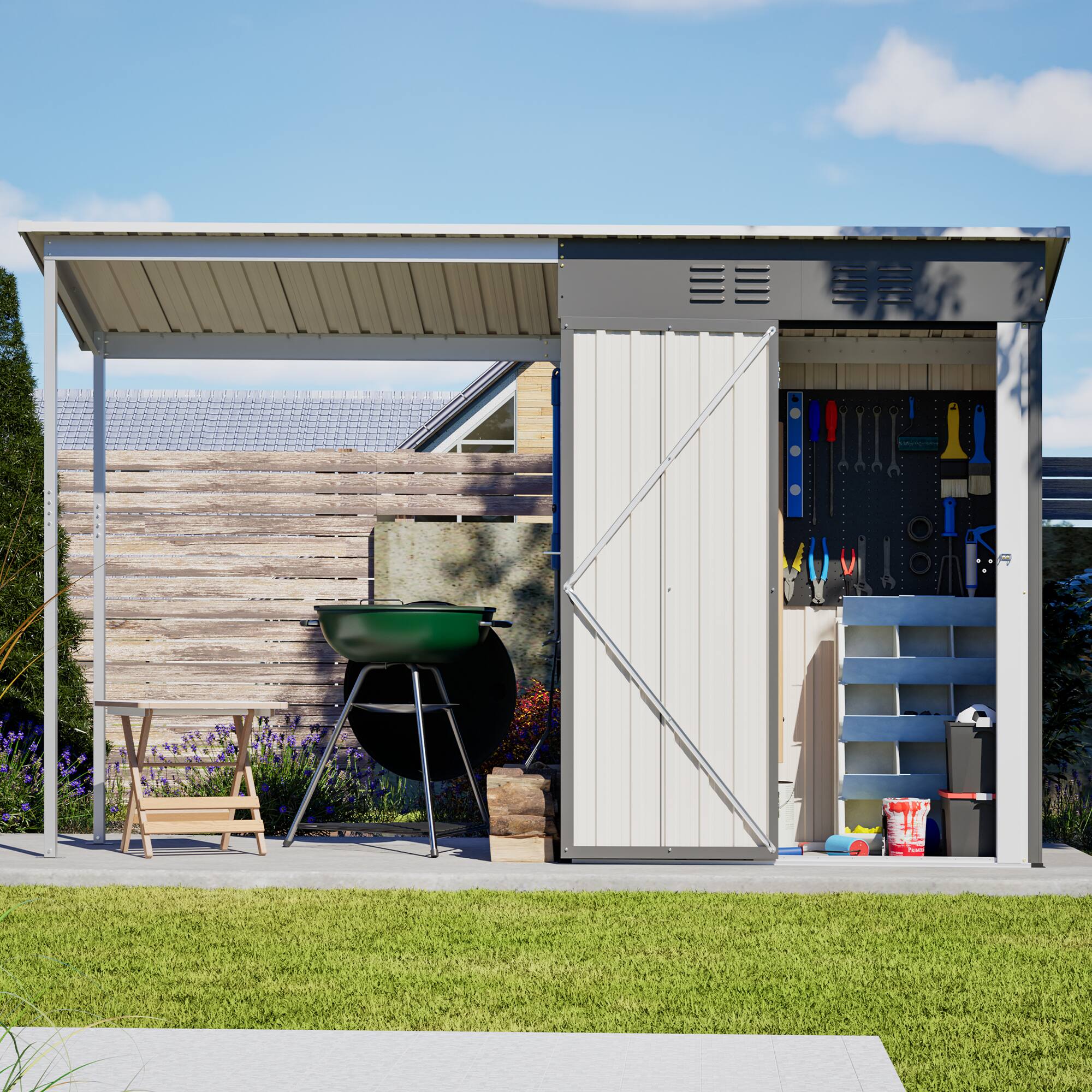 Alt View 4. Loheer - 5'x3' Lean-To Storage Shed with Attached Open Pergola – Dual Zone - Gray.