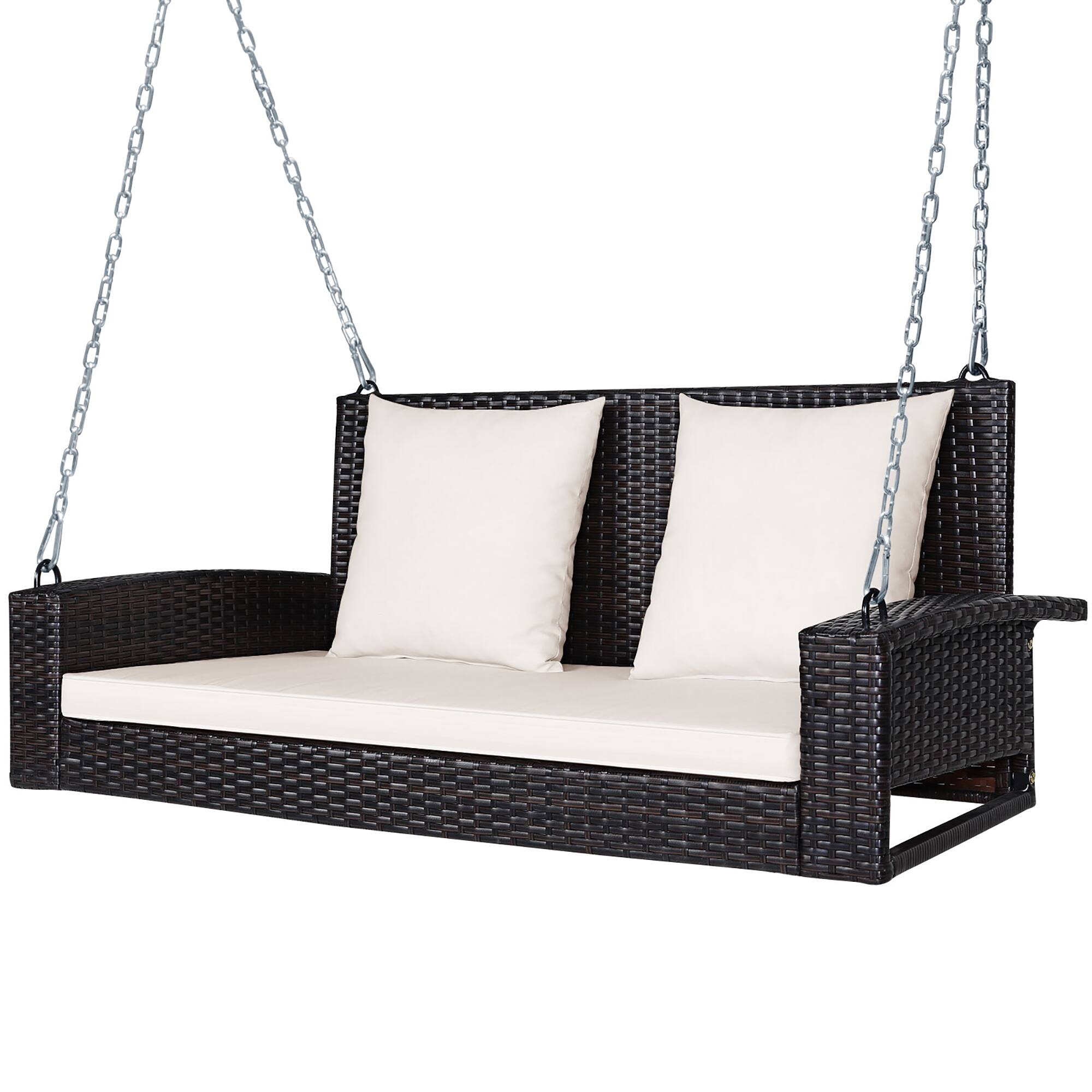 Alt View 9. Costway - Costway 2-Person Patio Rattan Hanging Porch Swing Bench Chair Cushion - Beige.