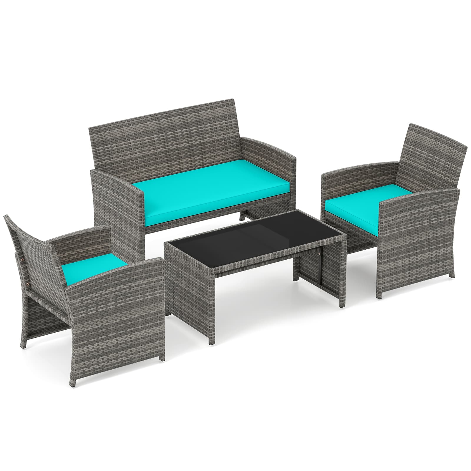 Gymax - Set of 4 Patio Conversation Set w/Seat Cushions & Tempered Glass Tabletop Porch Turquoise - Green