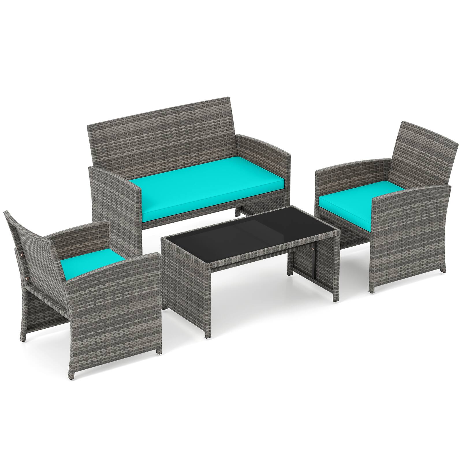 Front. Gymax - Gymax Set of 4 Patio Conversation Set w/Seat Cushions & Tempered Glass Tabletop Porch Turquoise - Green.