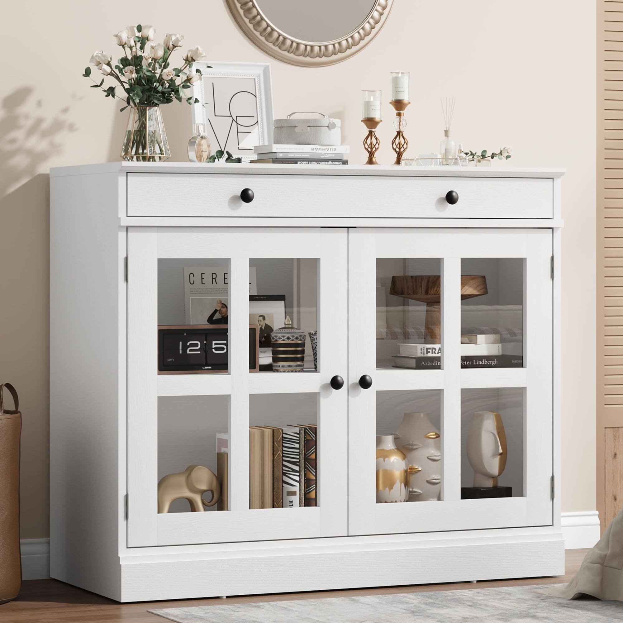 Jojoka - 35.4" Sideboard Buffet Cabinet with Glass Door & Drawer - White