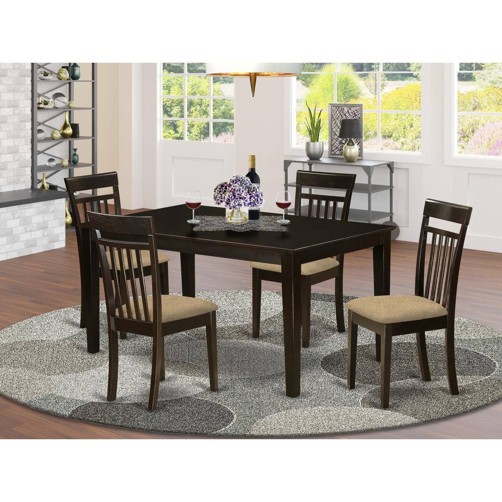 Left. East West Furniture - CAP5S-CAP-C 5 PC Formal Dining room set - Dining Table Top and 4 Dining Chairs - Cappuccino.