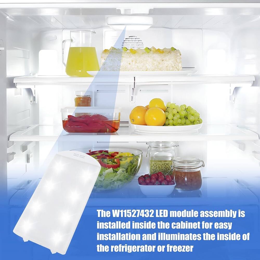 The W11527432 LED module assembly is installed inside the cabinet for easy installation and illuminates the inside of the refrigerator or freezer.