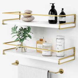 Dazzed Corner - Floating Bathroom Shelves Wall Mounted, Set of 2 Modern Organizer with Towel Bar - White Gold