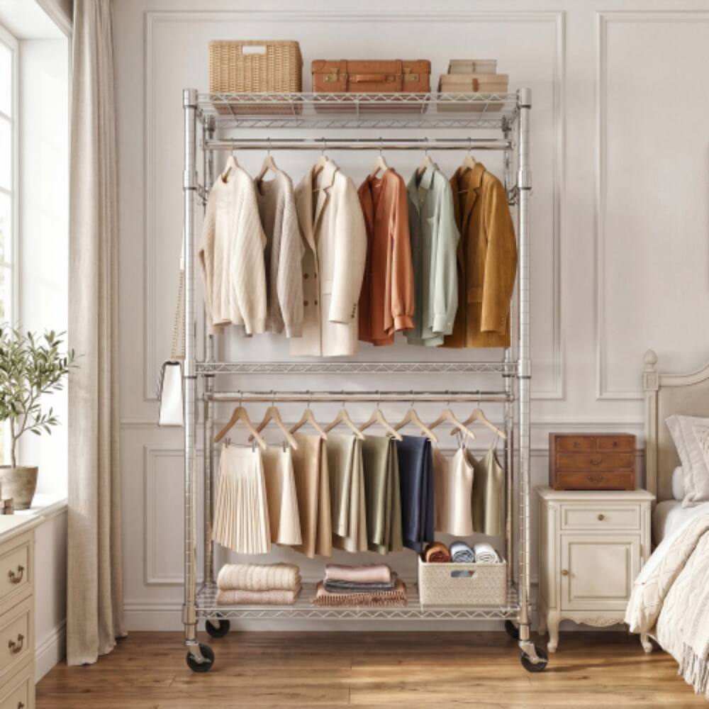 Back. LUCKY ONE - 74.5" H 3-Tier Heavy Duty Rolling Garment Rack w/ 2 Rods Side Hooks - Chrome.