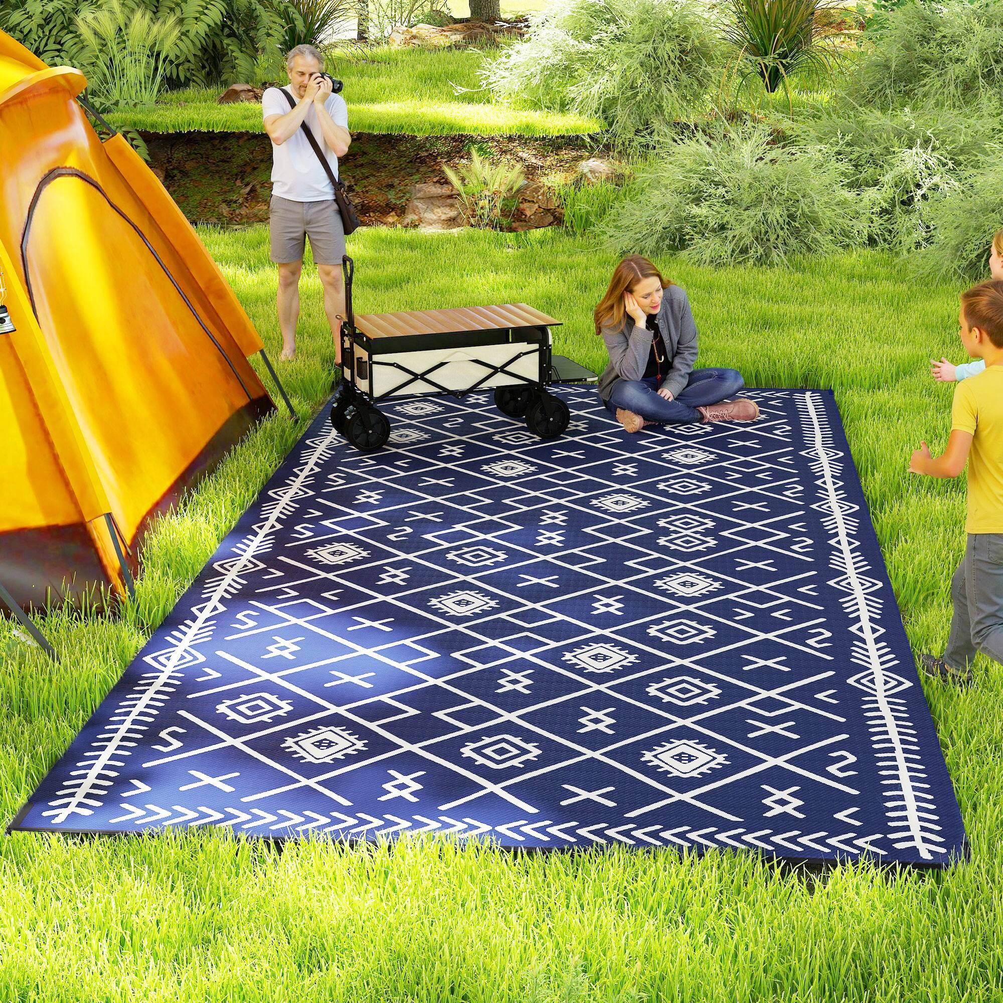 Alt View 1. Outsunny - Reversible Outdoor Rug, 9' x 18' Waterproof Plastic Straw Floor Mat, Portable RV Camping Carpet, Large Floor Mat - Blue and White Rhombus.