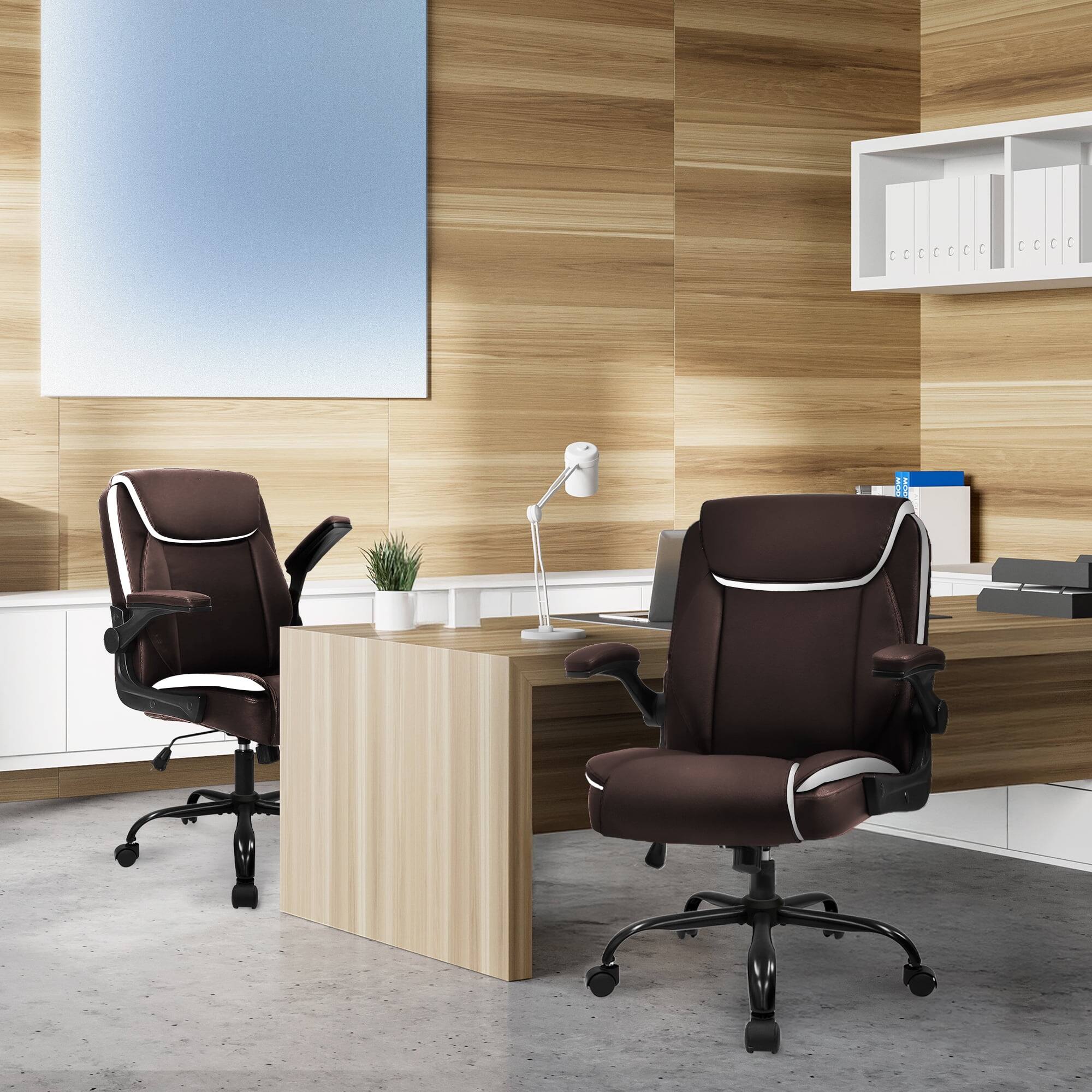 Alt View 1. Neo Chair - Desk Office Gaming Chair Ergonomic Executive Mid-Back Leather Padded Flip-Up Armrests Cushion Wheels Home Office - 1. Brown.