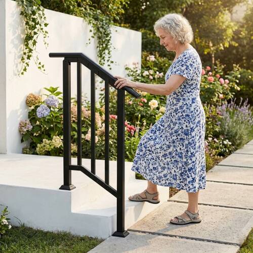 Alt View 7. Winado - Handrails 1-Step with Straight End, Wrought Iron Stair Railing for Concrete Indoor Outdoor Steps Fits Garden Porch - Black.