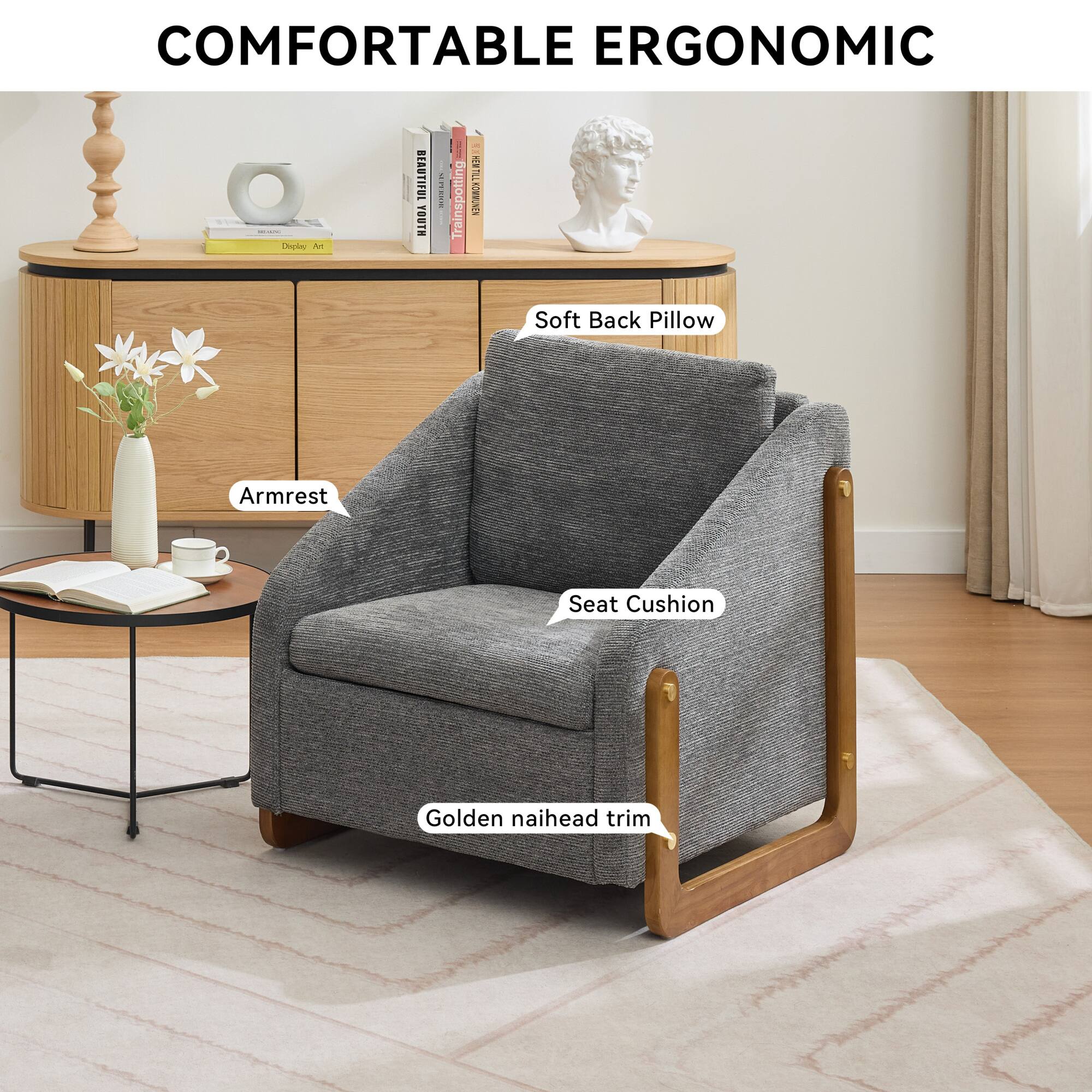 COMFORTABLE ERGONOMIC

- Soft Back Pillow
- Armrest
- Seat Cushion
- Golden nailhead trim