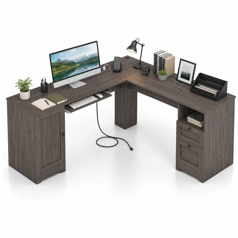 Left. WELLFOR - 66" Farmhouse L Shaped Desk with Power Outlets, Large Computer Desk with Drawers, Home Office Desk - Dark Gray.