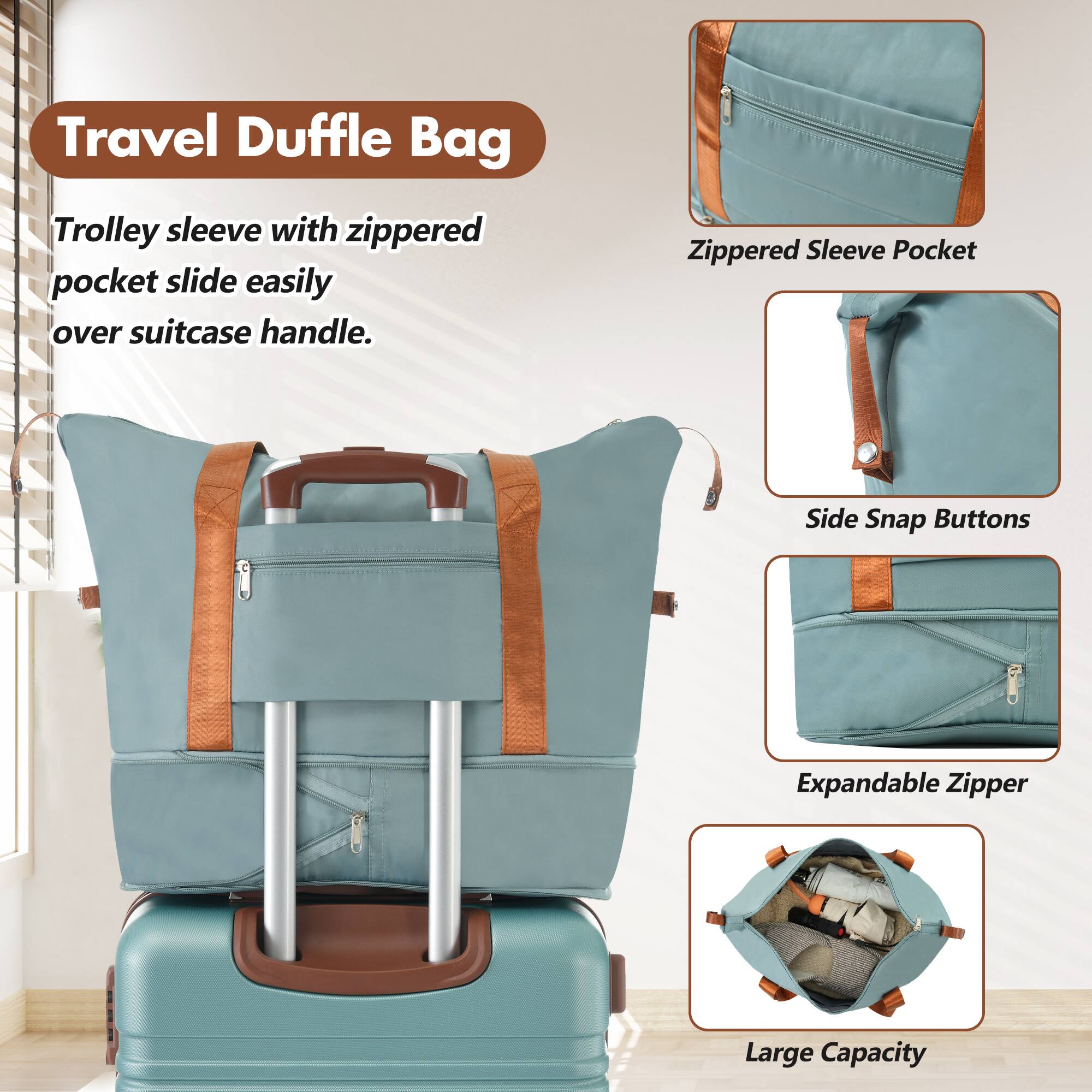 Travel Duffle Bag

- Trolley sleeve with zippered pocket slide easily over suitcase handle.
- Zippered Sleeve Pocket
- Side Snap Buttons
- Expandable Zipper
- Large Capacity