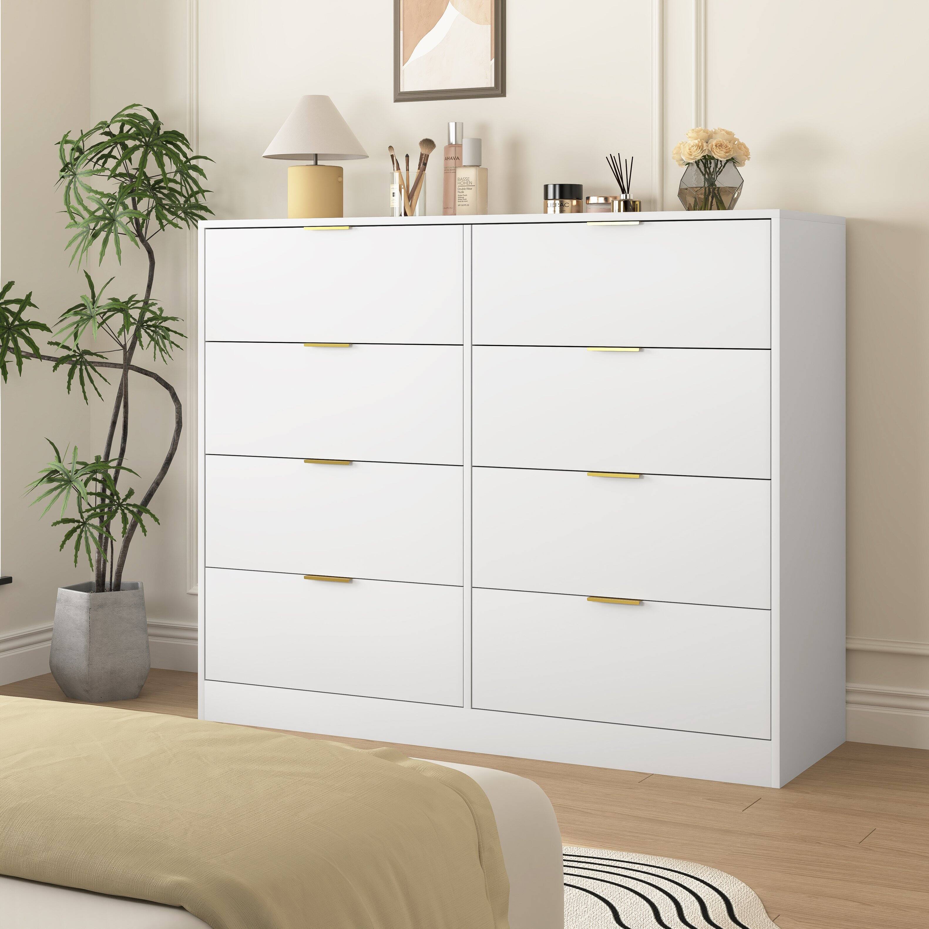 Left. Z-Edge - 8 Drawer Dresser for Bedroom, Modern Chest of Drawers, Wood Storage Double Dresser with Deep Drawers for Living Room - White.