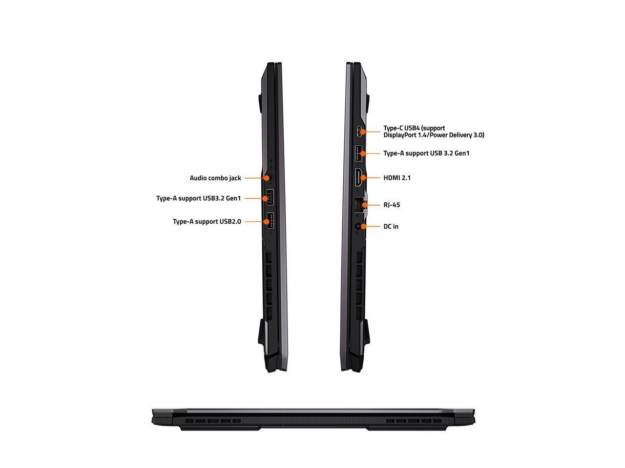 Audio combo jack  
Type-A support USB3.2 Gen1  
Type-A support USB2.0  

Type-C USB4 (support DisplayPort 1.4/Power Delivery 3.0)  
Type-A support USB 3.2 Gen1  
HDMI 2.1  
RJ-45  
DC in