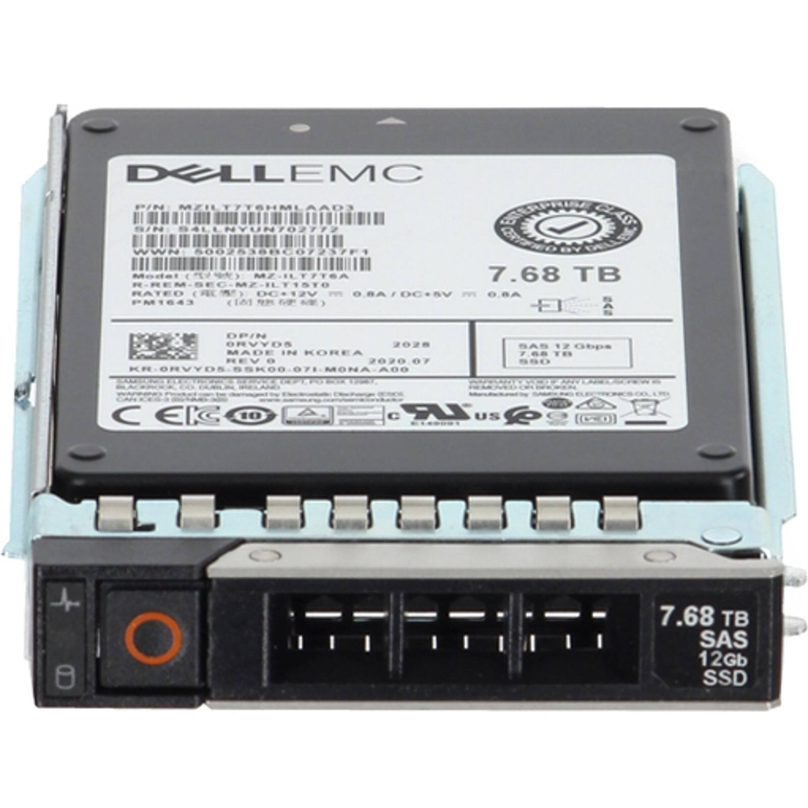 DELL EMC  
P/N: MZILT7TSHMLAA03  
S/N: S4LENYUN/02772  
WWN: 60025388C07237F1  
Modal: MZILTITSA  
7.68 TB  
R-REM-SEC-MZ-ILT1T50  
RATED (DC+12V) 0.8A/DC+8V 0.8A 0.8A  
PM1643  
DPIN: ORVYDS  
2028  
MADE IN KOREA  
REV D  
2020.07  
KR-ORVYDS-SSK0  
71-MONA-A00  
Obps: 7.68 TB  
SAS 12Gb  
SSD